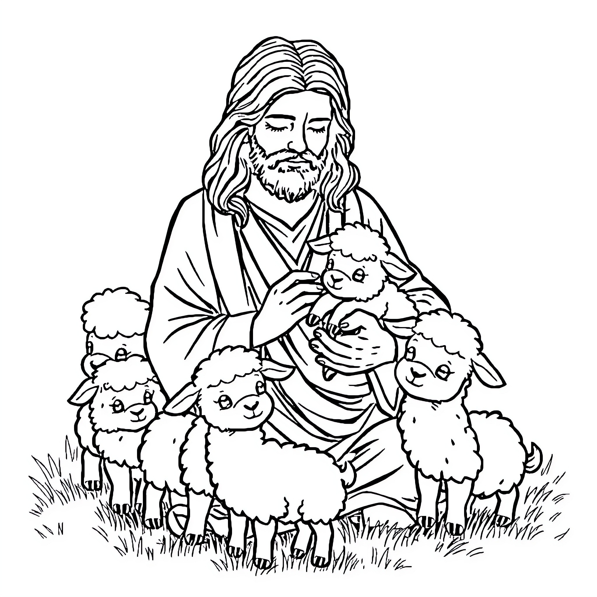 Jesus with Lambs in a Meadow Coloring Page (free black-and-white line drawing printable PDF for all, from beginners to advanced learners, including children, teens, adults, and seniors)