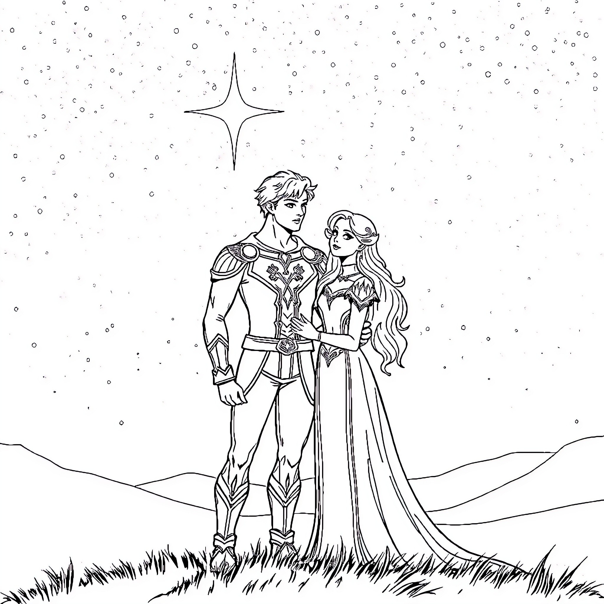 Rhysand and Feyre standing amidst the stars Coloring Page (free black-and-white line drawing printable PDF for all, from beginners to advanced learners, including children, teens, adults, and seniors)