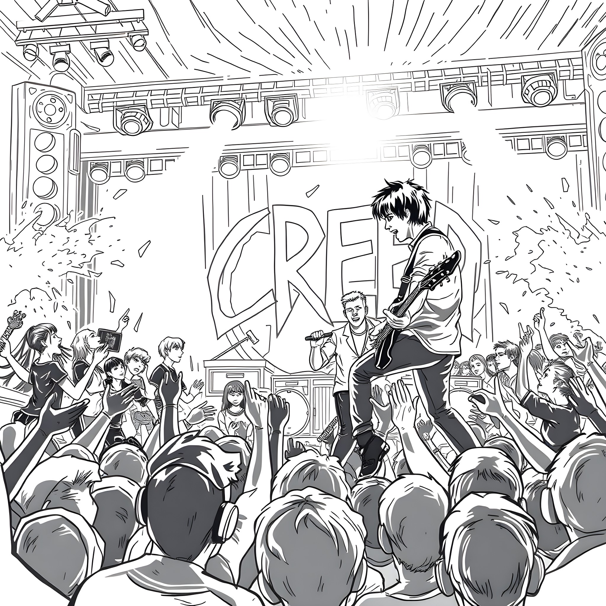 Band members rocking out on stage with energetic crowd Coloring Page (free black-and-white line drawing printable PDF for all, from beginners to advanced learners, including children, teens, adults, and seniors)