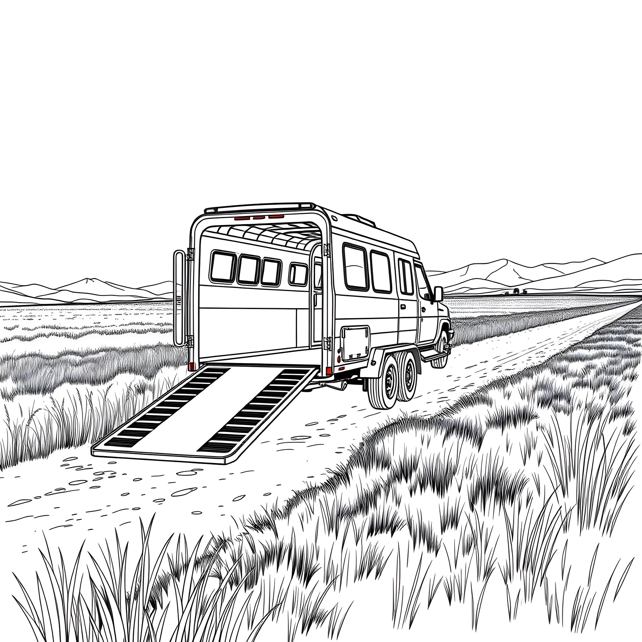 Car Trailer Transporting in Countryside Landscape Coloring Page (free black-and-white line drawing printable PDF for all, from beginners to advanced learners, including children, teens, adults, and seniors)