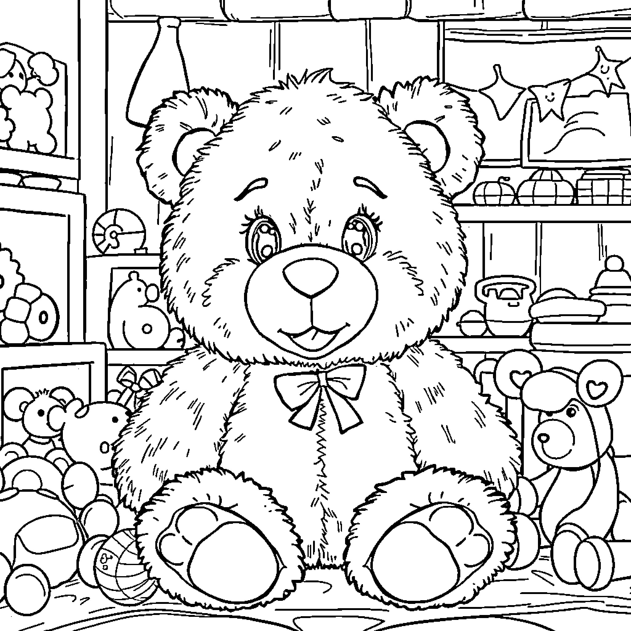 Teddy Ruxpin sitting with toys in a room Coloring Page (free black-and-white line drawing printable PDF for all, from beginners to advanced learners, including children, teens, adults, and seniors)