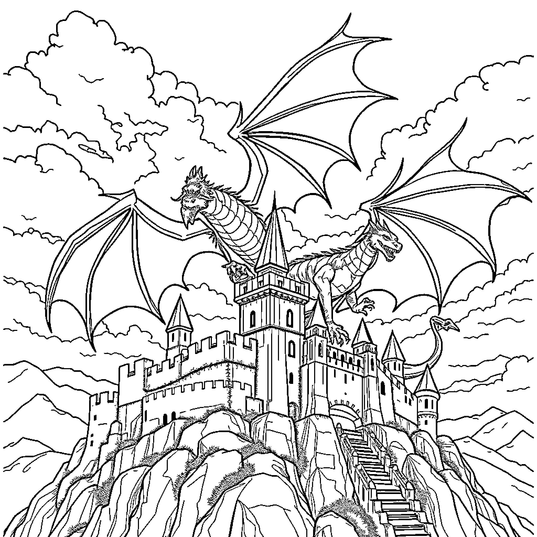 Dragon soaring over a majestic castle Coloring Page (free black-and-white line drawing printable PDF for all, from beginners to advanced learners, including children, teens, adults, and seniors)
