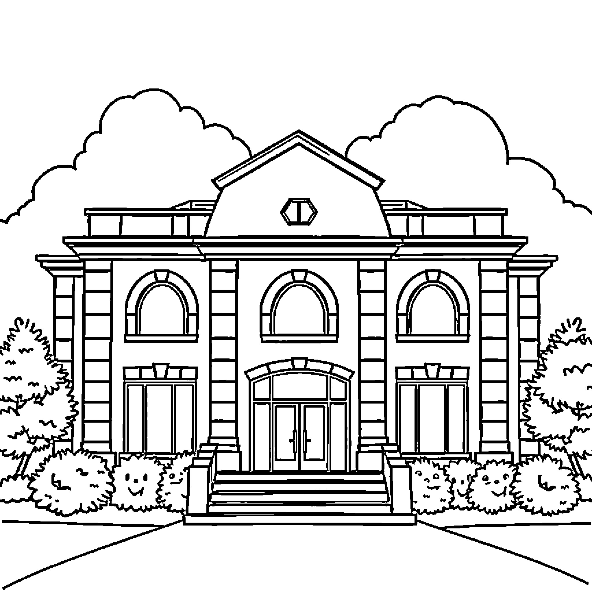 Window view of a grand old-fashioned building Coloring Page (free black-and-white line drawing printable PDF for all, from beginners to advanced learners, including children, teens, adults, and seniors)