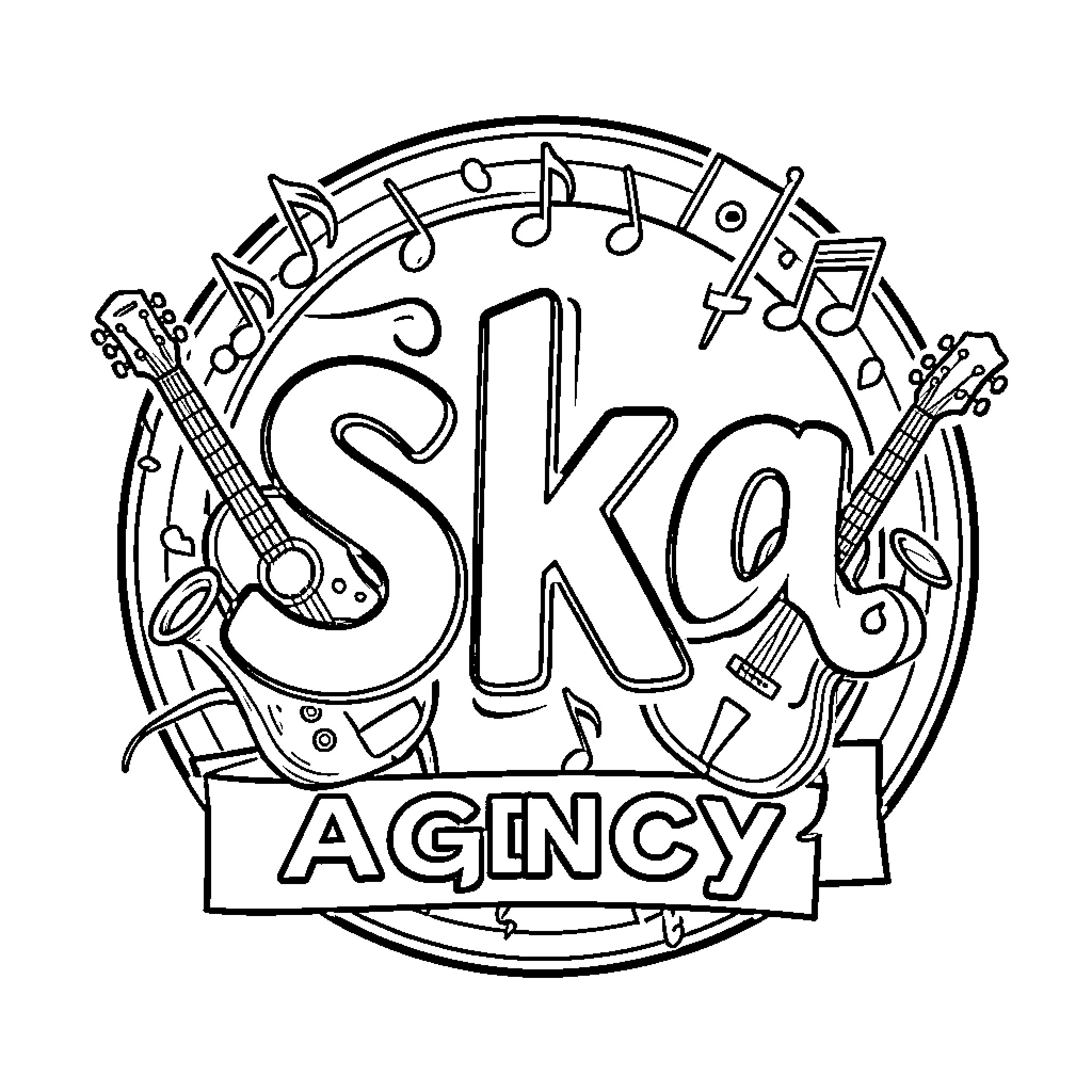 Logo featuring musical instruments and stylized text Coloring Page (free black-and-white line drawing printable PDF for all, from beginners to advanced learners, including children, teens, adults, and seniors)