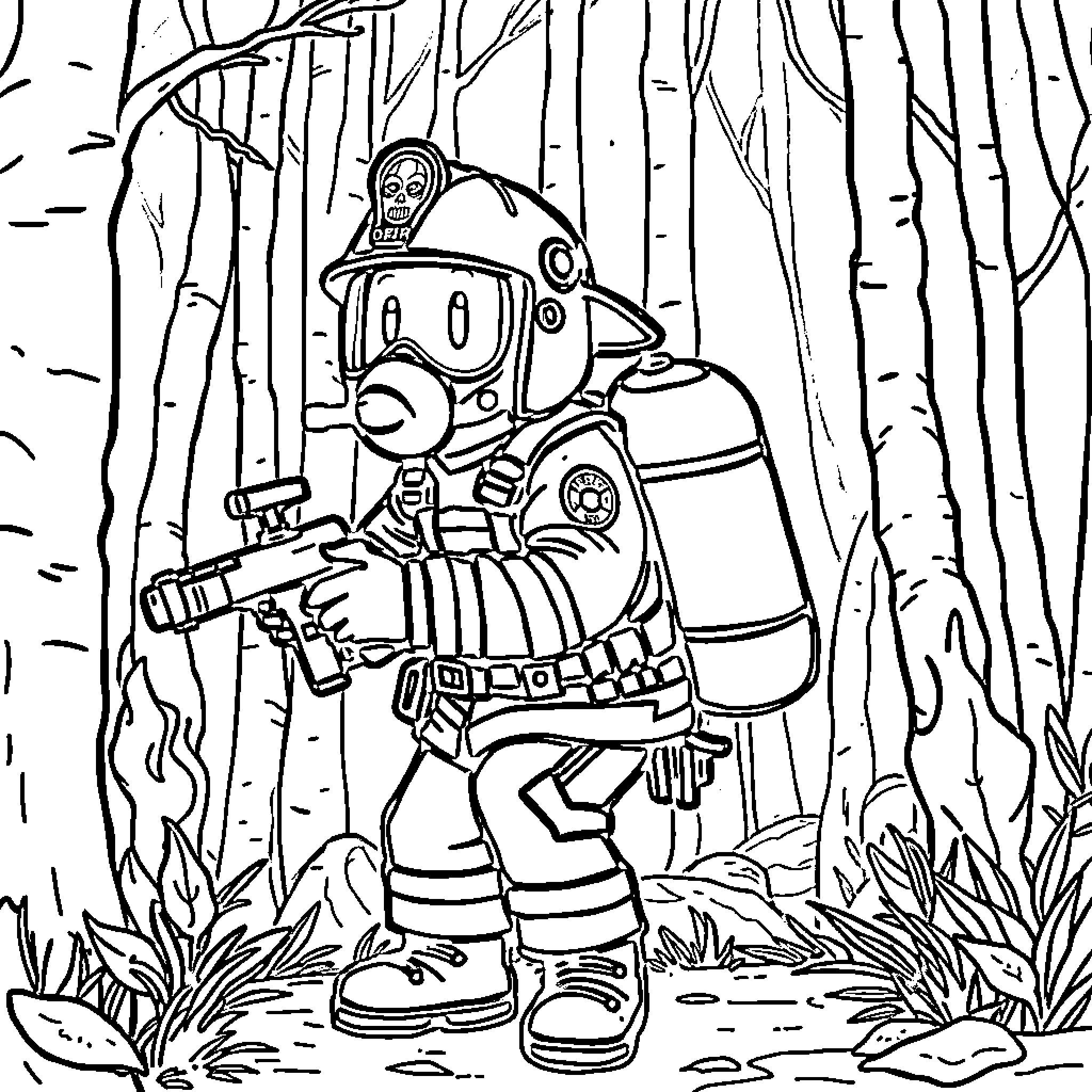 Paw Patrol Character Exploring the Forest Coloring Page (free black-and-white line drawing printable PDF for all, from beginners to advanced learners, including children, teens, adults, and seniors)