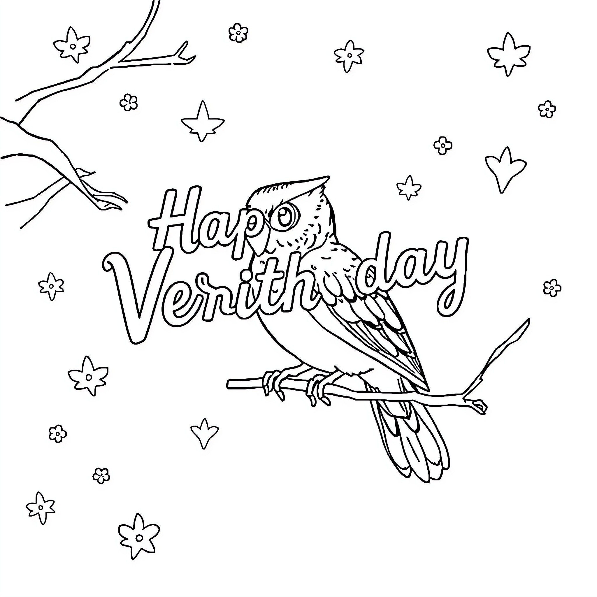 Flag of happy birthday with bird illustration Coloring Page (free black-and-white line drawing printable PDF for all, from beginners to advanced learners, including children, teens, adults, and seniors)