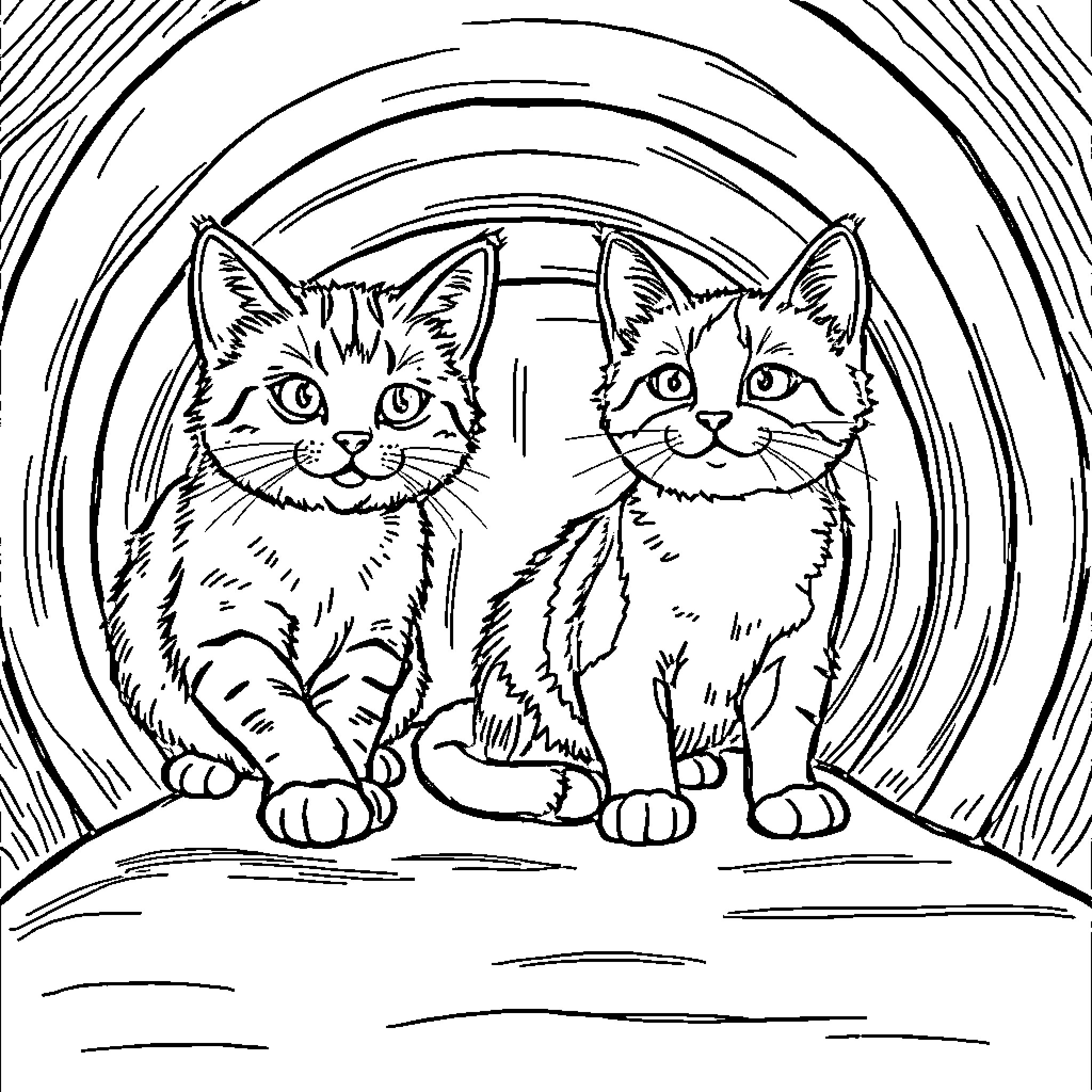Cats in an Artistic Illustration Coloring Page (free black-and-white line drawing printable PDF for all, from beginners to advanced learners, including children, teens, adults, and seniors)