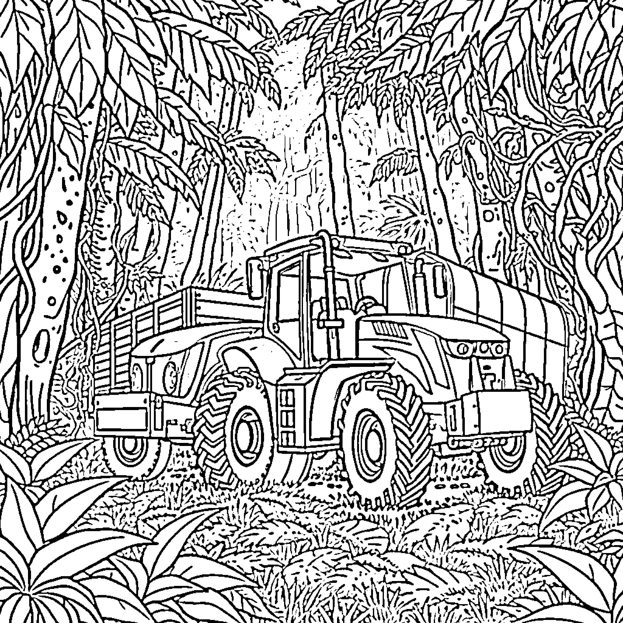 Tractor working in the dense forest landscape Coloring Page (free black-and-white line drawing printable PDF for all, from beginners to advanced learners, including children, teens, adults, and seniors)