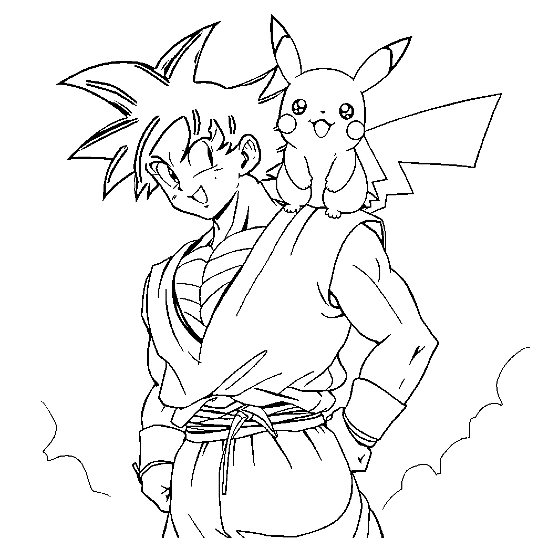 Son Goku with Pikachu in an epic pose Coloring Page (free black-and-white line drawing printable PDF for all, from beginners to advanced learners, including children, teens, adults, and seniors)