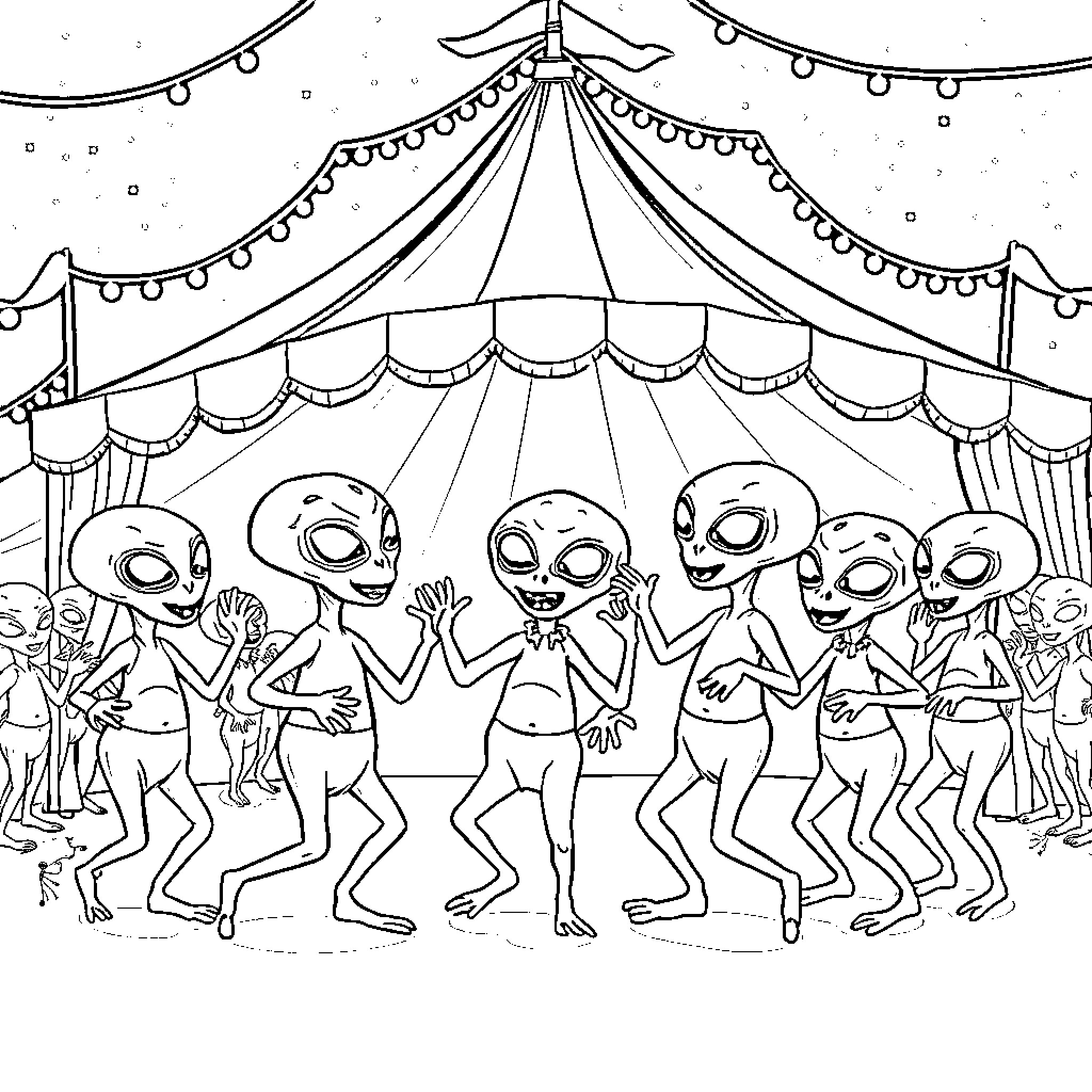 Alien Creatures Dancing in a Circus Tent Coloring Page (free black-and-white line drawing printable PDF for all, from beginners to advanced learners, including children, teens, adults, and seniors)