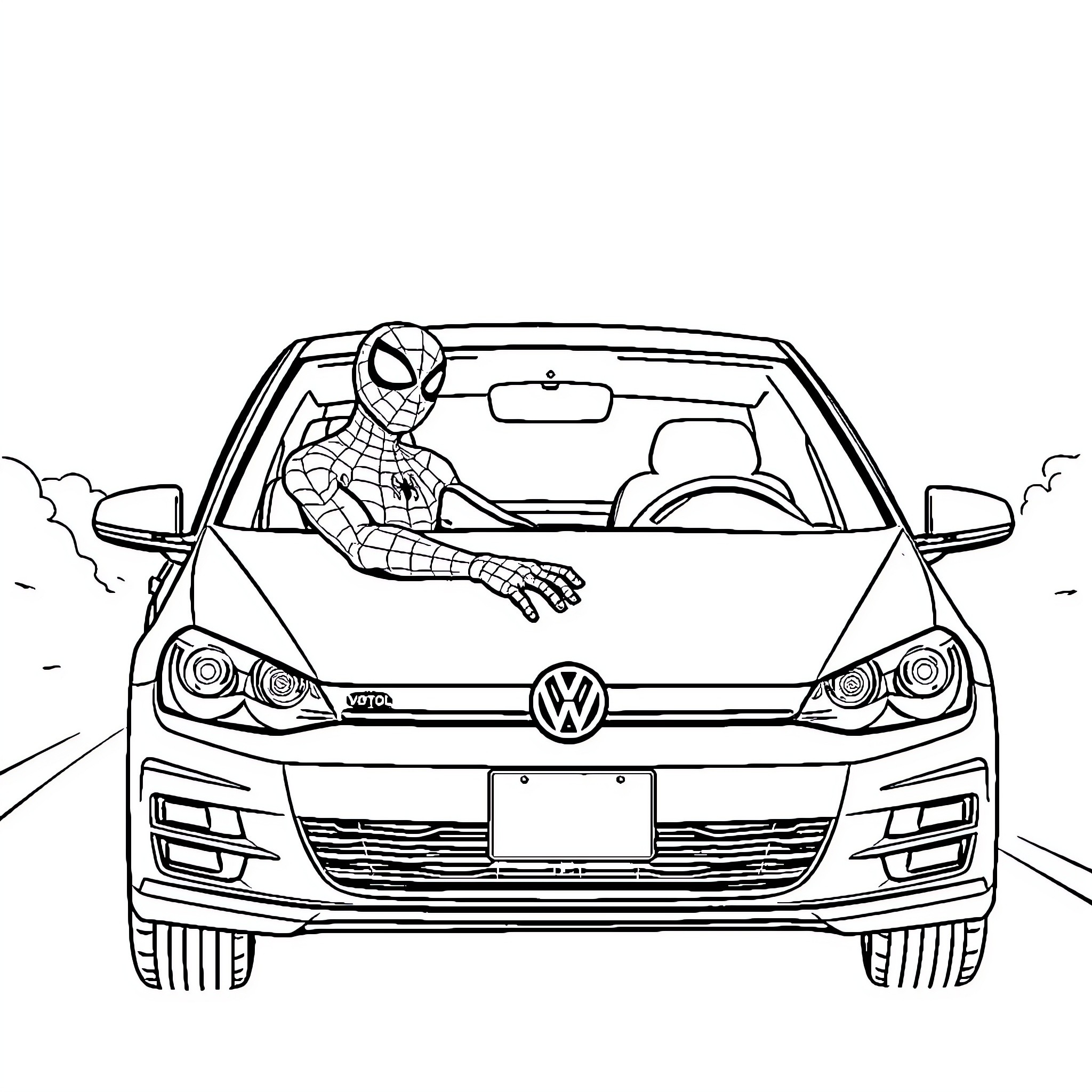 Spiderman driving a Volkswagen car on the road Coloring Page (free black-and-white line drawing printable PDF for all, from beginners to advanced learners, including children, teens, adults, and seniors)