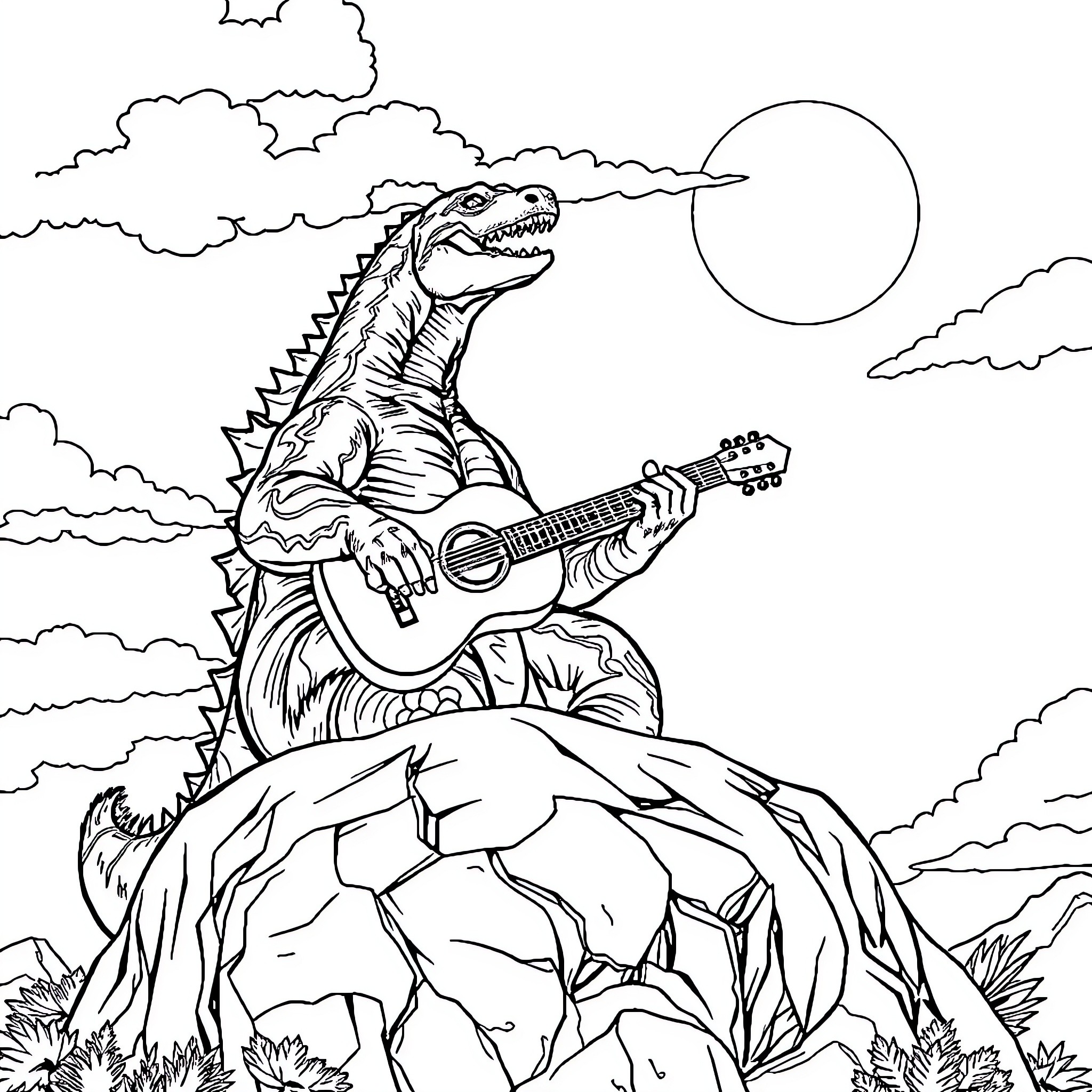 Godzilla Plays Acoustic Guitar in the Moonlight Coloring Page (free black-and-white line drawing printable PDF for all, from beginners to advanced learners, including children, teens, adults, and seniors)