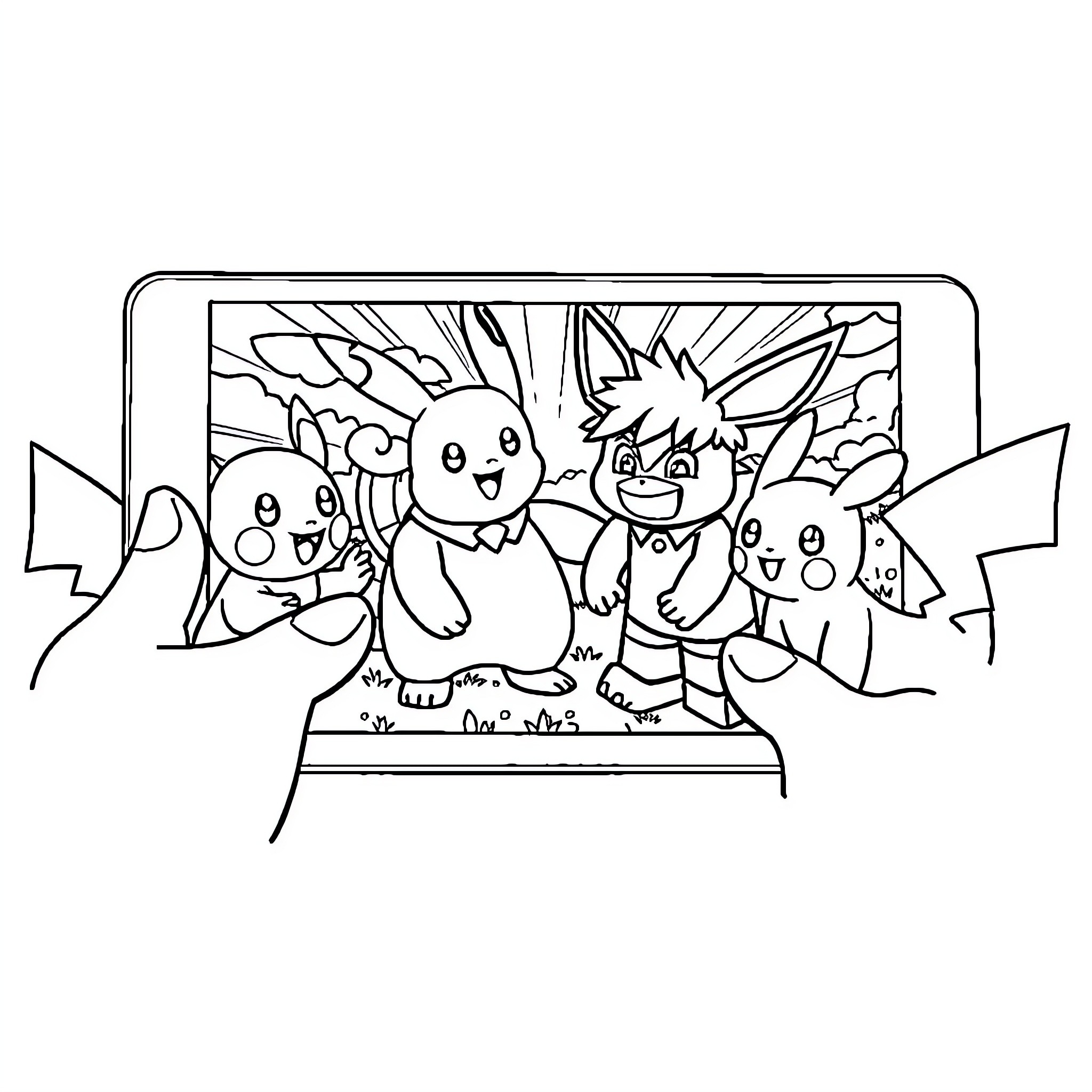 Pokémon characters in a joyful group scene Coloring Page (free black-and-white line drawing printable PDF for all, from beginners to advanced learners, including children, teens, adults, and seniors)