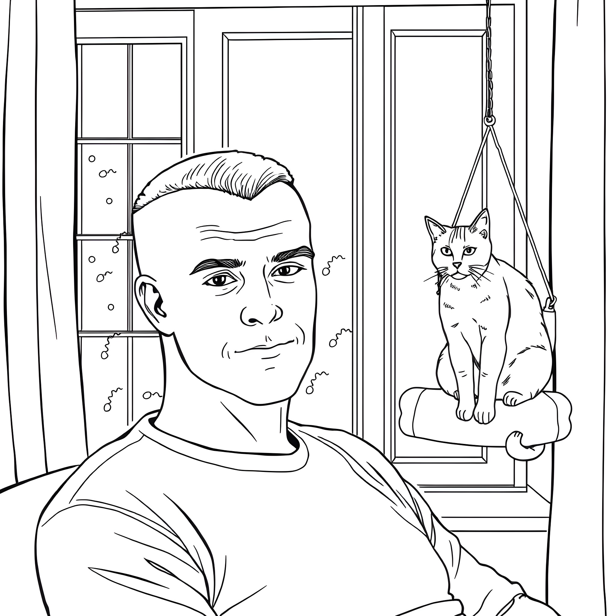 Man and Cat in Contemplative Moment Coloring Page (free black-and-white line drawing printable PDF for all, from beginners to advanced learners, including children, teens, adults, and seniors)