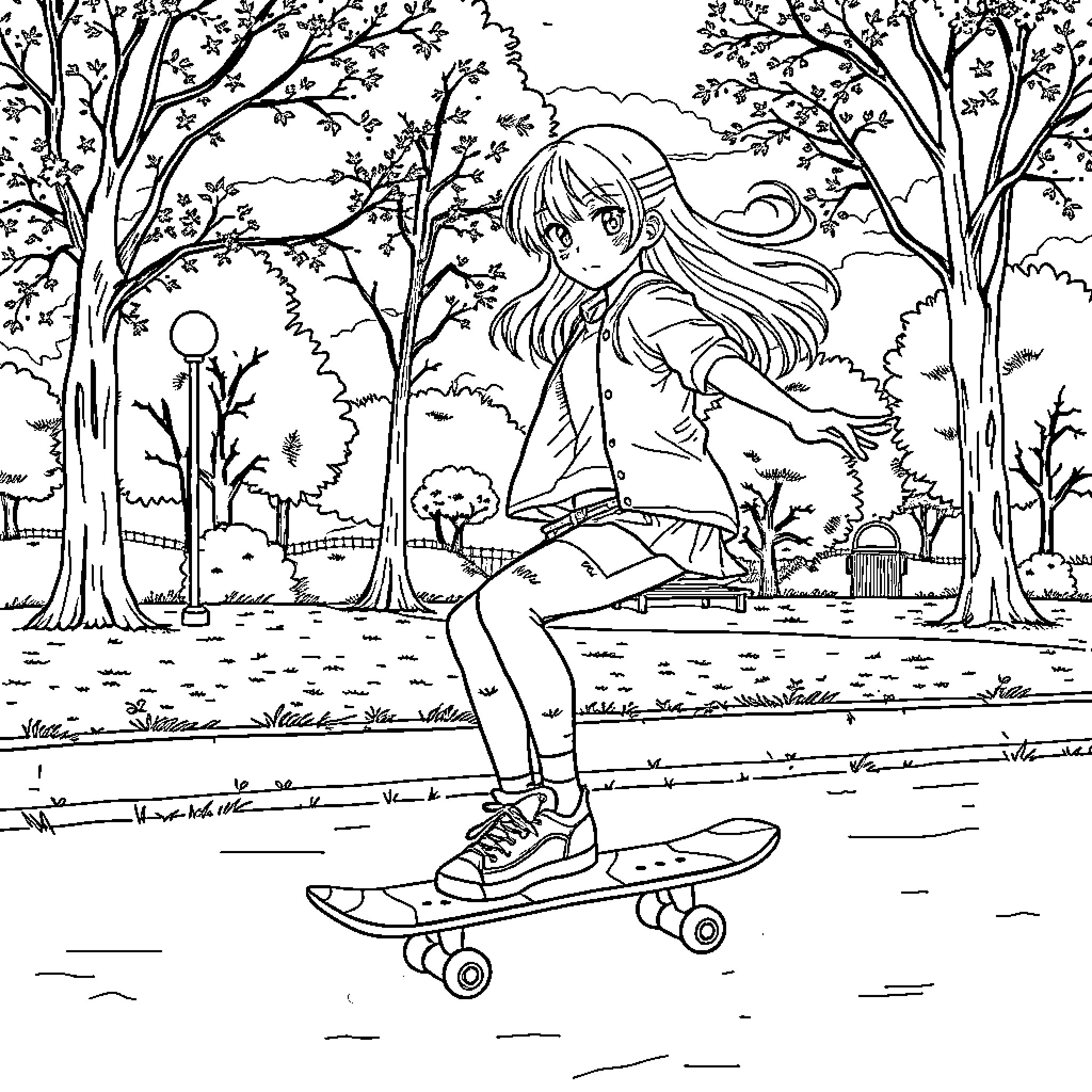 Anime Girl Skateboarding in the Park Coloring Page (free black-and-white line drawing printable PDF for all, from beginners to advanced learners, including children, teens, adults, and seniors)