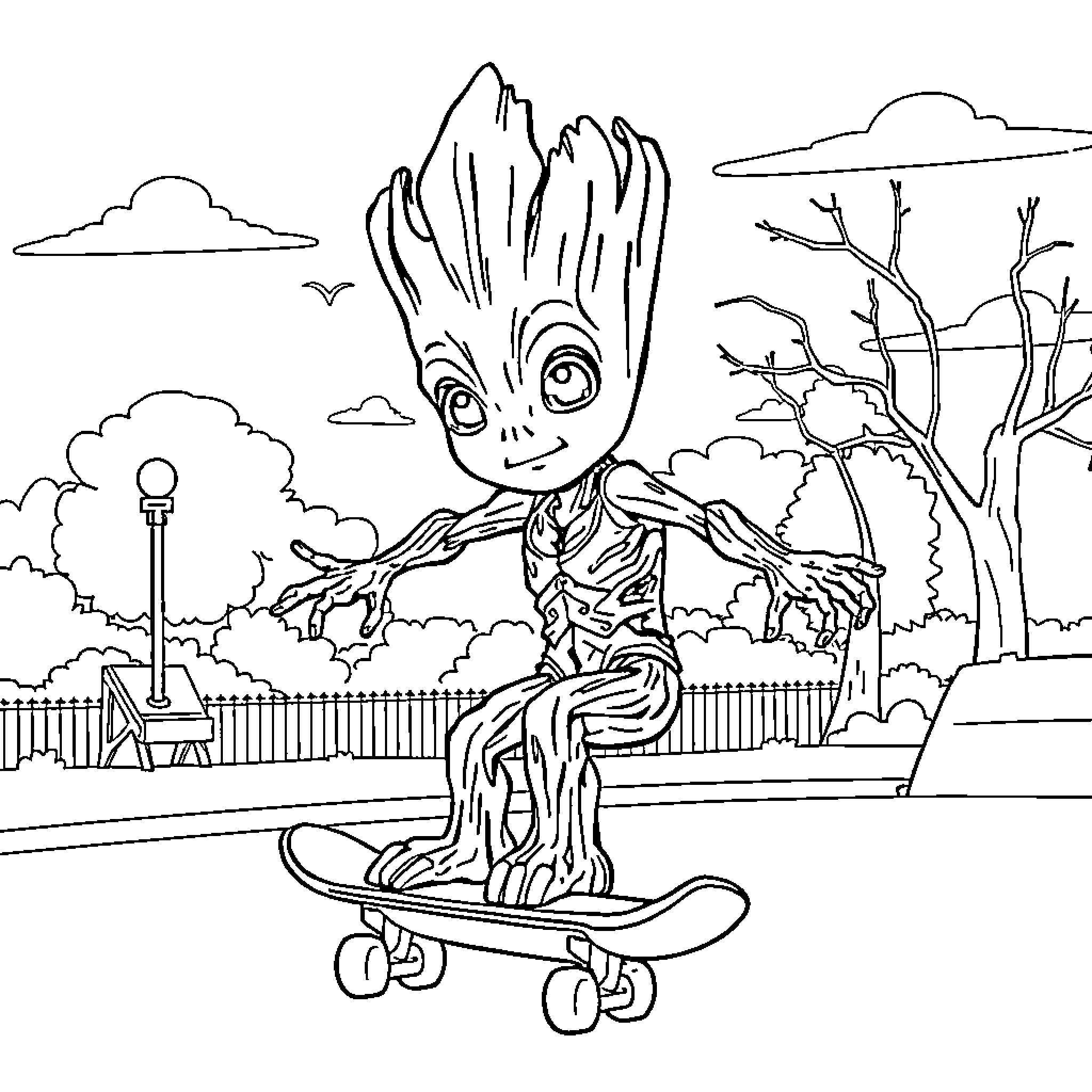 Groot riding a skateboard in the park Coloring Page (free black-and-white line drawing printable PDF for all, from beginners to advanced learners, including children, teens, adults, and seniors)