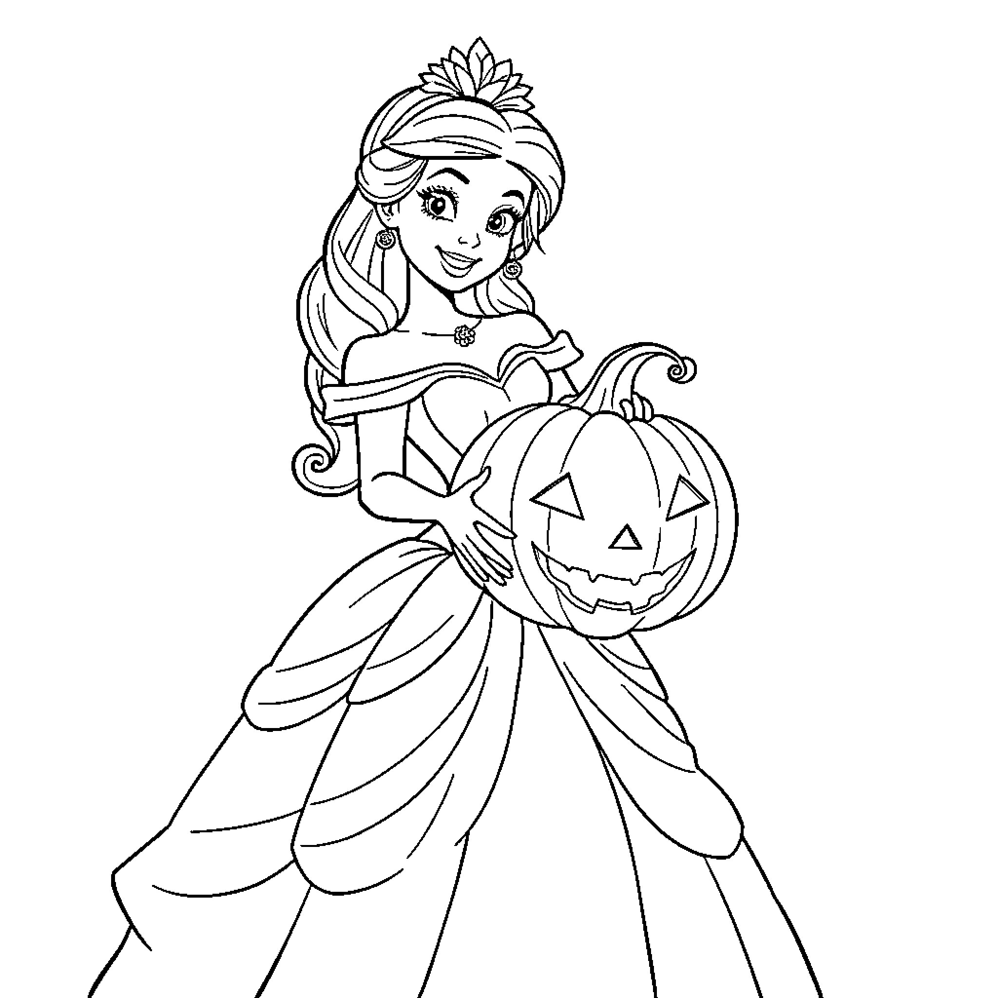 Disney Princess Holding a Halloween Pumpkin Coloring Page (free black-and-white line drawing printable PDF for all, from beginners to advanced learners, including children, teens, adults, and seniors)