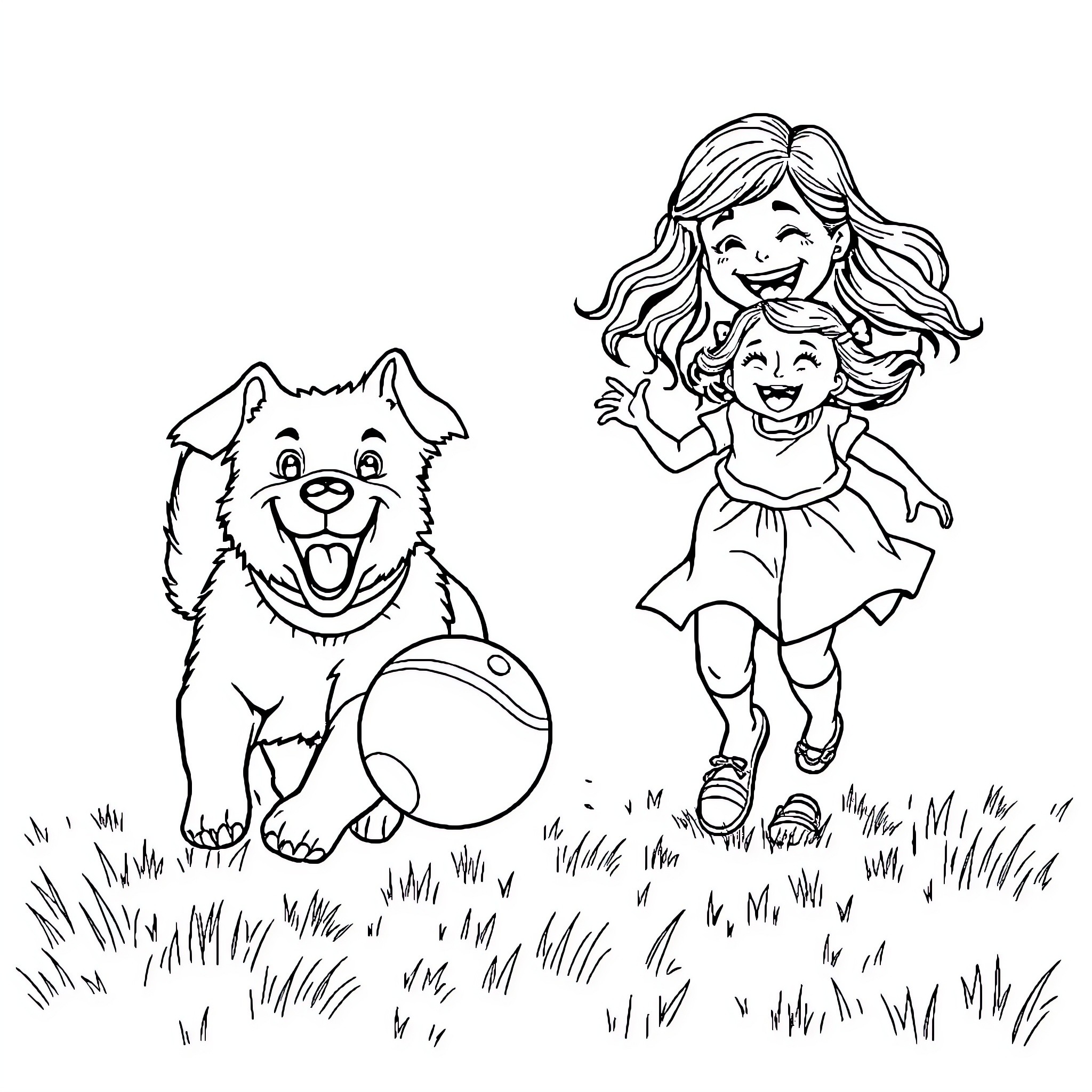 Dog and girl playing together outdoors Coloring Page (free black-and-white line drawing printable PDF for all, from beginners to advanced learners, including children, teens, adults, and seniors)