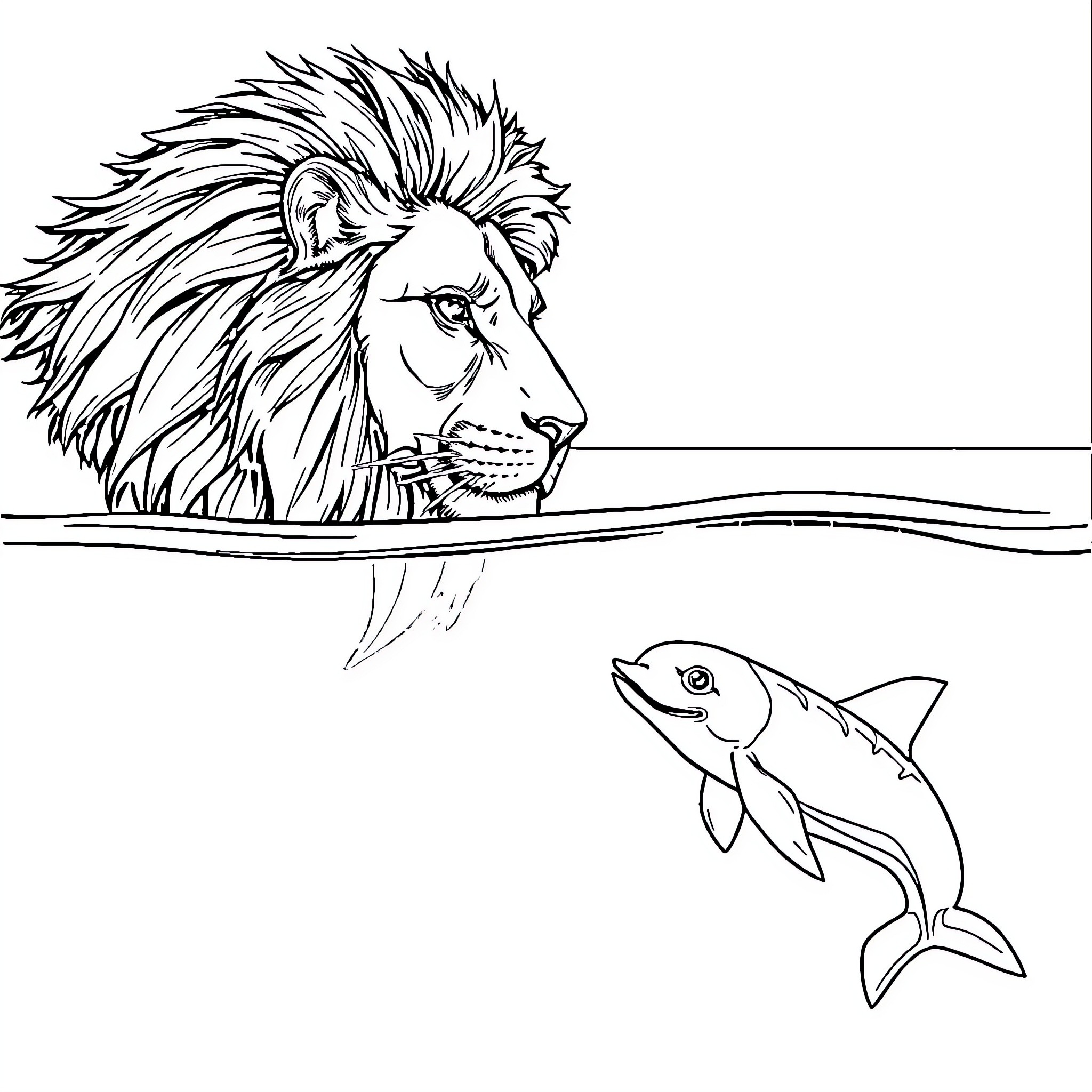 Lioness observing fish in the water Coloring Page (free black-and-white line drawing printable PDF for all, from beginners to advanced learners, including children, teens, adults, and seniors)