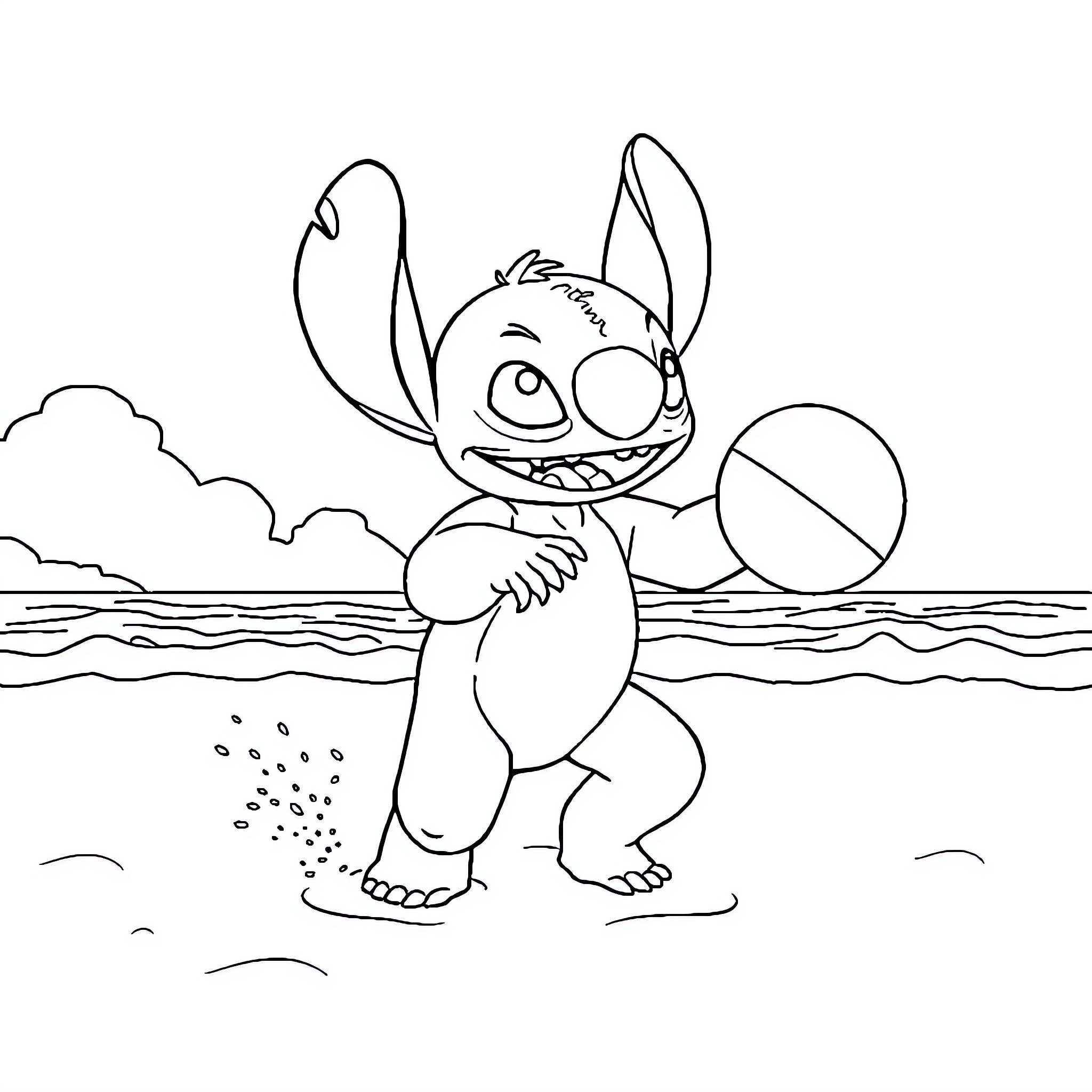 Stitch playing with a beach ball on the shore Coloring Page (free black-and-white line drawing printable PDF for all, from beginners to advanced learners, including children, teens, adults, and seniors)
