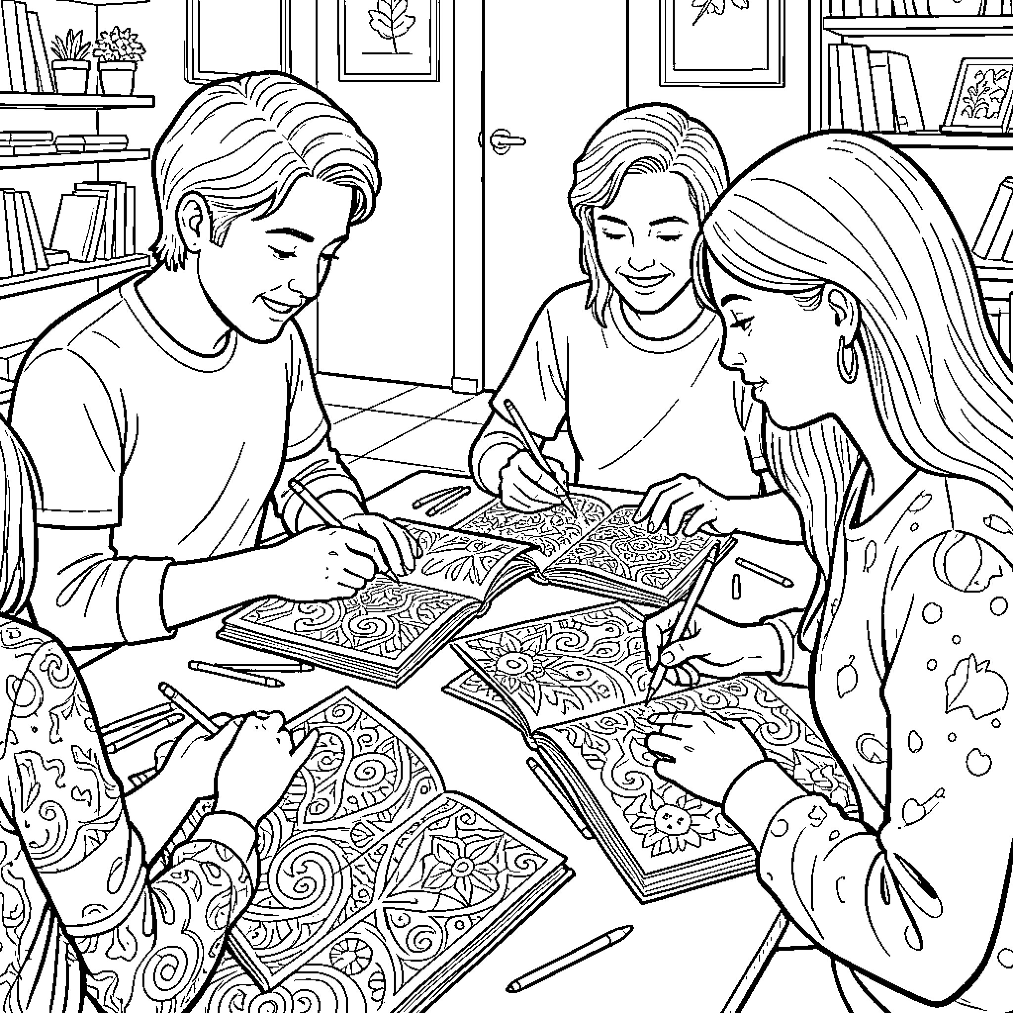 Adults sitting at a table drawing intricate patterns Coloring Page (free black-and-white line drawing printable PDF for all, from beginners to advanced learners, including children, teens, adults, and seniors)