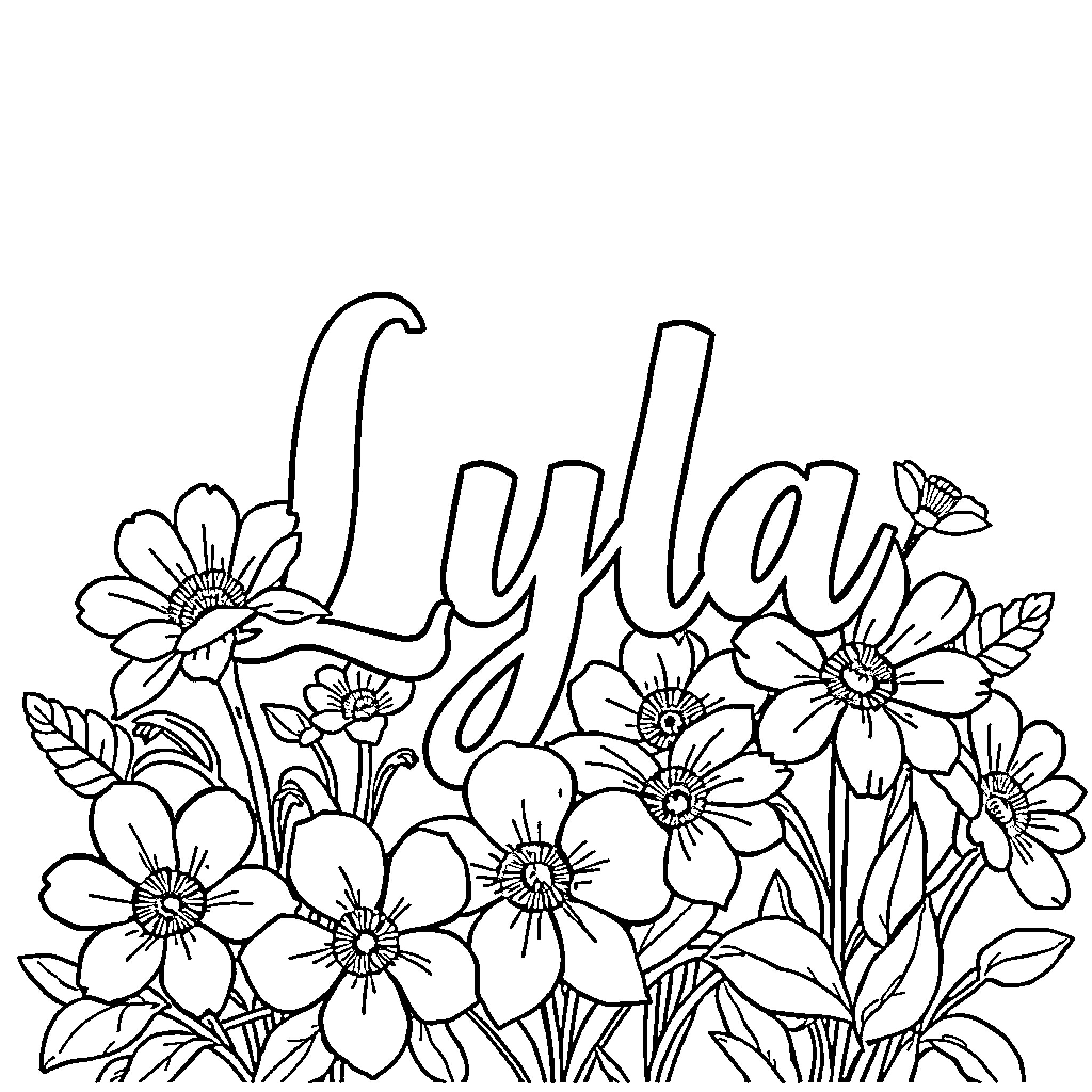 Lyla's Flower Garden Adventure Coloring Page (free black-and-white line drawing printable PDF for all, from beginners to advanced learners, including children, teens, adults, and seniors)