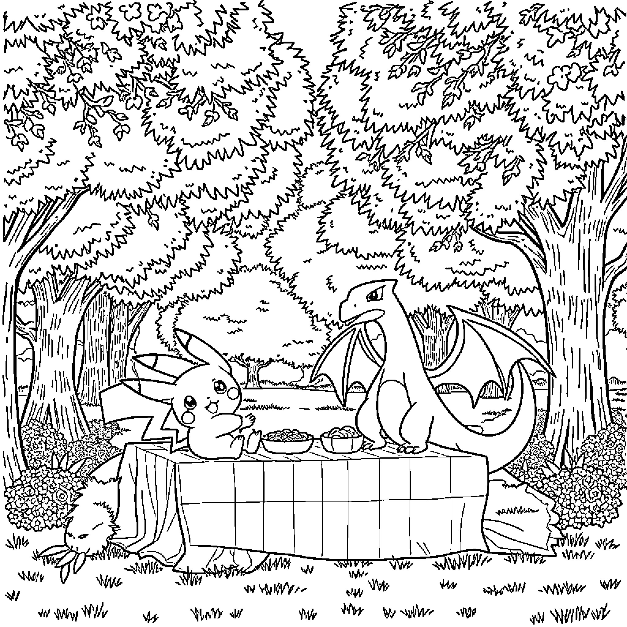 Pikachu having a picnic with dragon friends in the forest Coloring Page (free black-and-white line drawing printable PDF for all, from beginners to advanced learners, including children, teens, adults, and seniors)