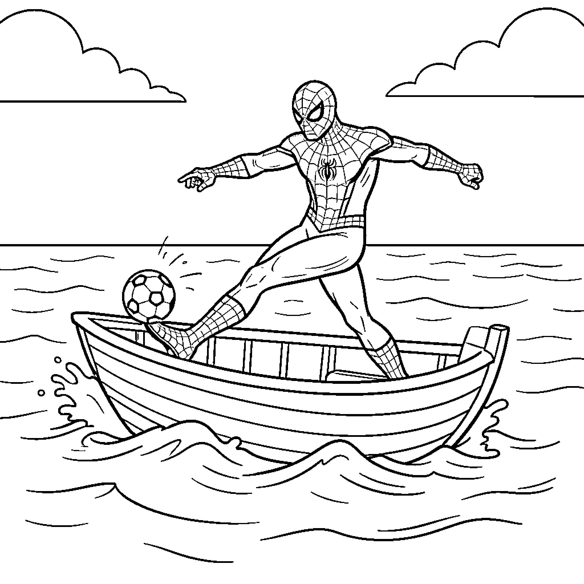 Spiderman kicking a soccer ball while balancing on a boat Coloring Page (free black-and-white line drawing printable PDF for all, from beginners to advanced learners, including children, teens, adults, and seniors)