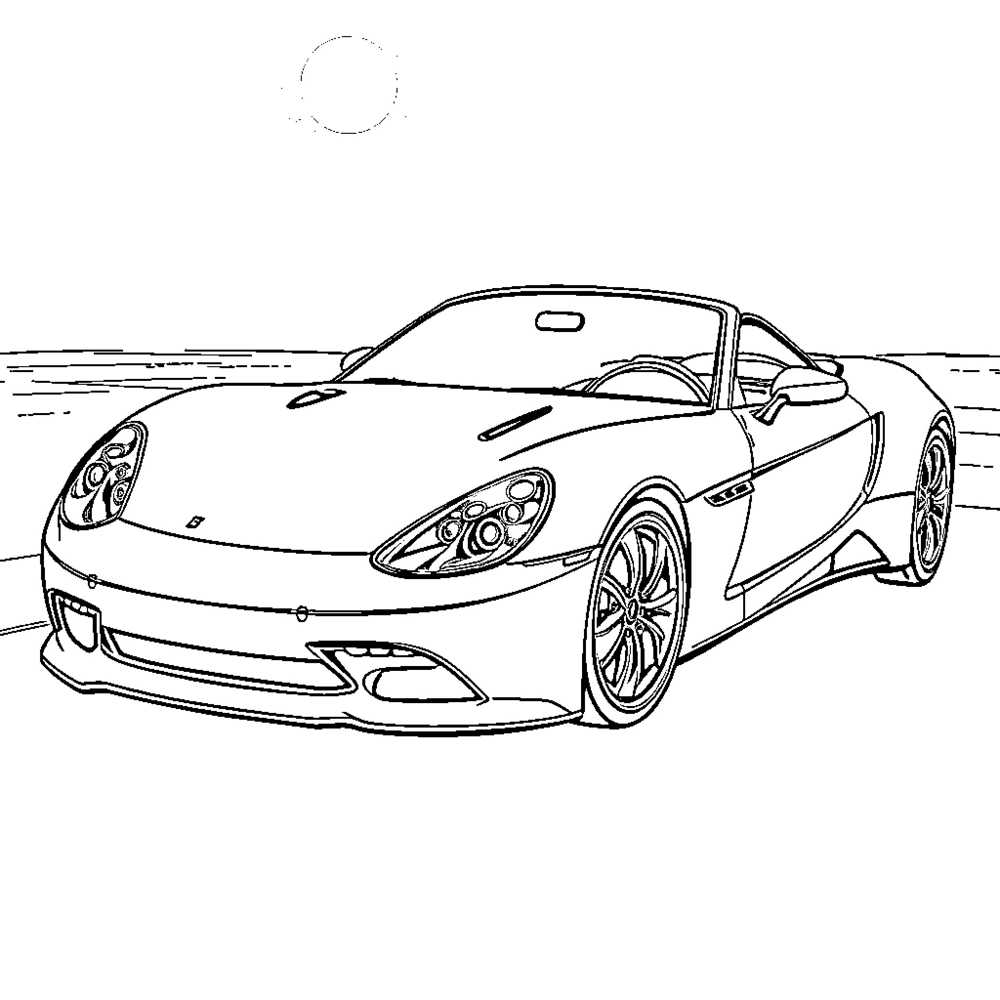 Car sports car in motion on the road Coloring Page (free black-and-white line drawing printable PDF for all, from beginners to advanced learners, including children, teens, adults, and seniors)