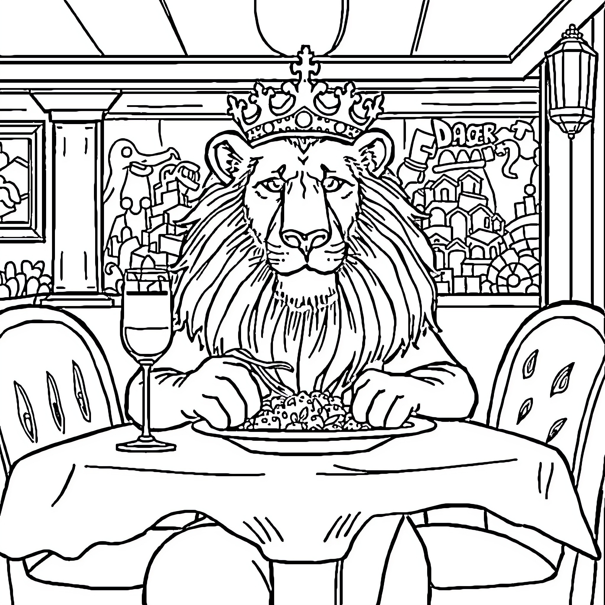 Lion Enjoying a Regal Feast in an Extravagant Setting Coloring Page (free black-and-white line drawing printable PDF for all, from beginners to advanced learners, including children, teens, adults, and seniors)