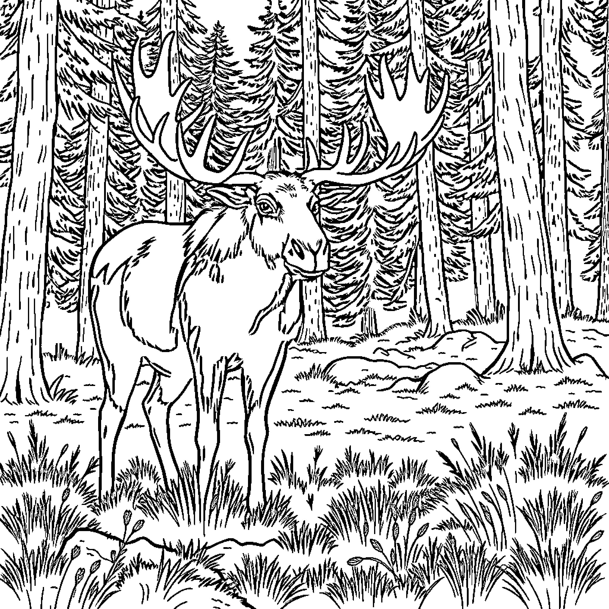 Moose standing tall in the serene forest Coloring Page (free black-and-white line drawing printable PDF for all, from beginners to advanced learners, including children, teens, adults, and seniors)