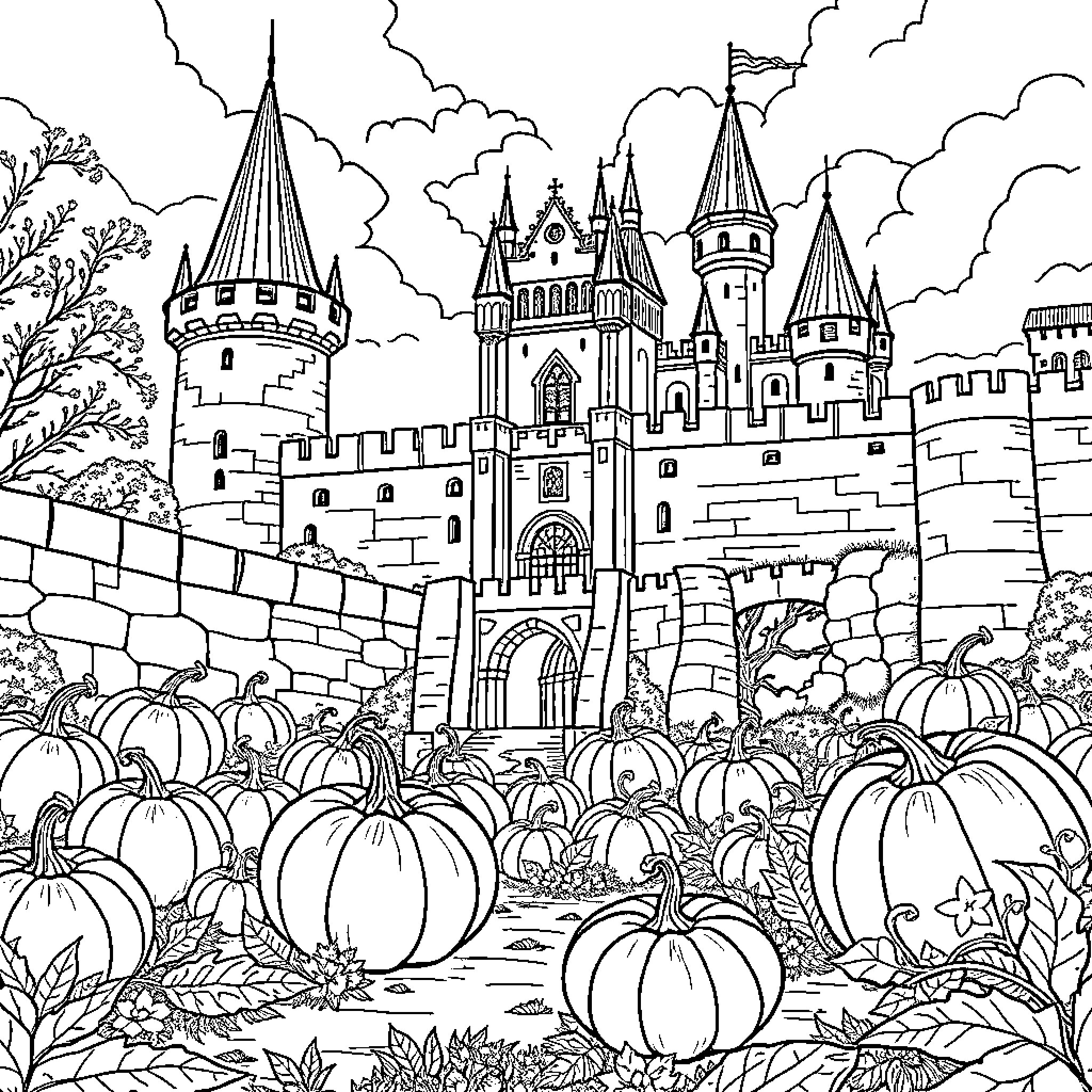Pumpkin Patch in Front of Majestic Castle Coloring Page (free black-and-white line drawing printable PDF for all, from beginners to advanced learners, including children, teens, adults, and seniors)