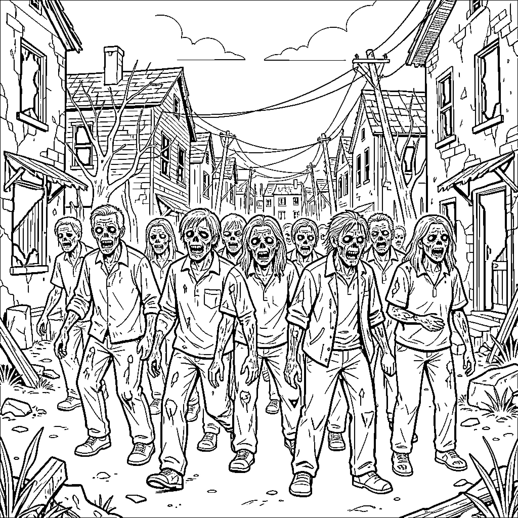 Zombie horde walking through a ruined town street Coloring Page (free black-and-white line drawing printable PDF for all, from beginners to advanced learners, including children, teens, adults, and seniors)