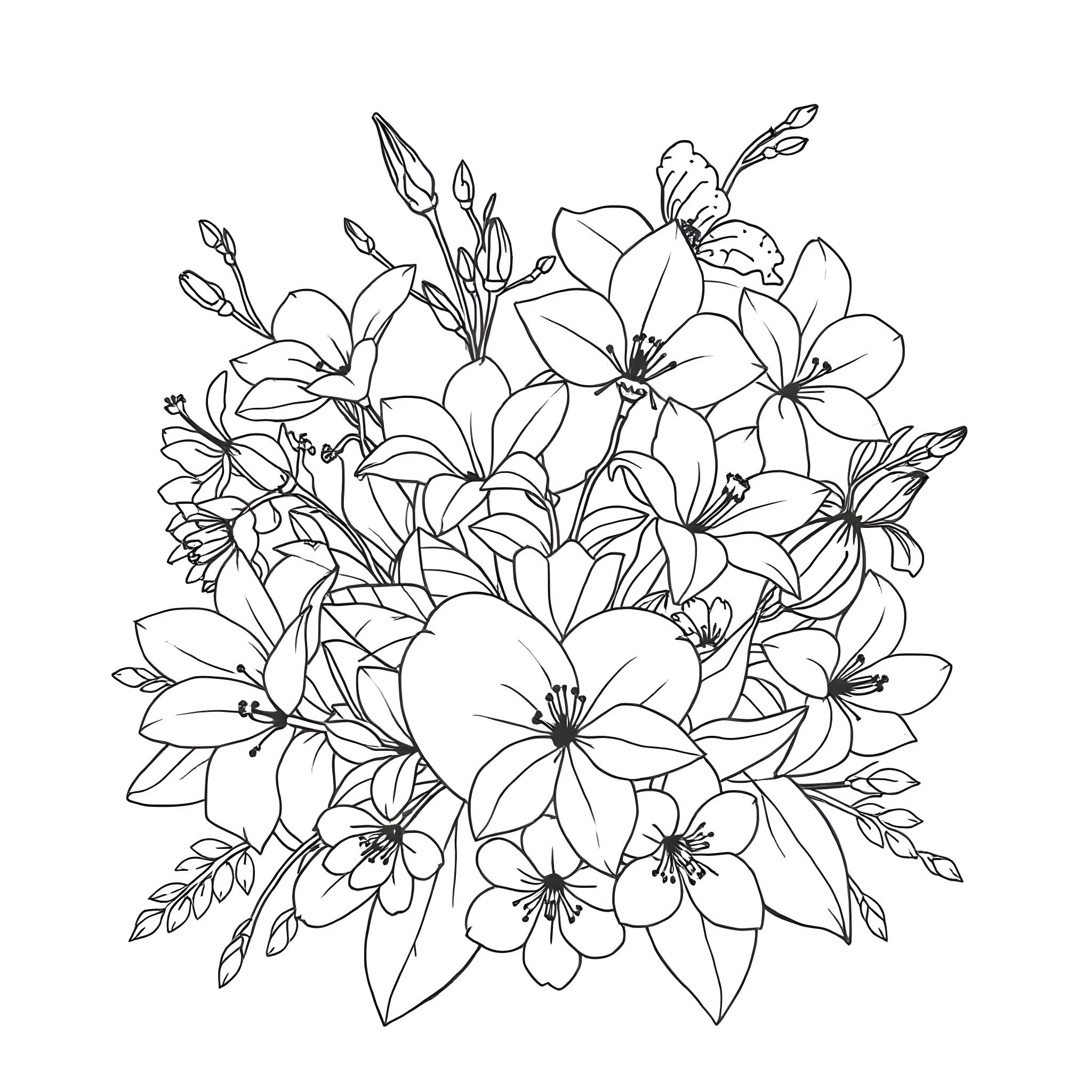 Flower bouquet with beautiful blossoms Coloring Page (free black-and-white line drawing printable PDF for all, from beginners to advanced learners, including children, teens, adults, and seniors)