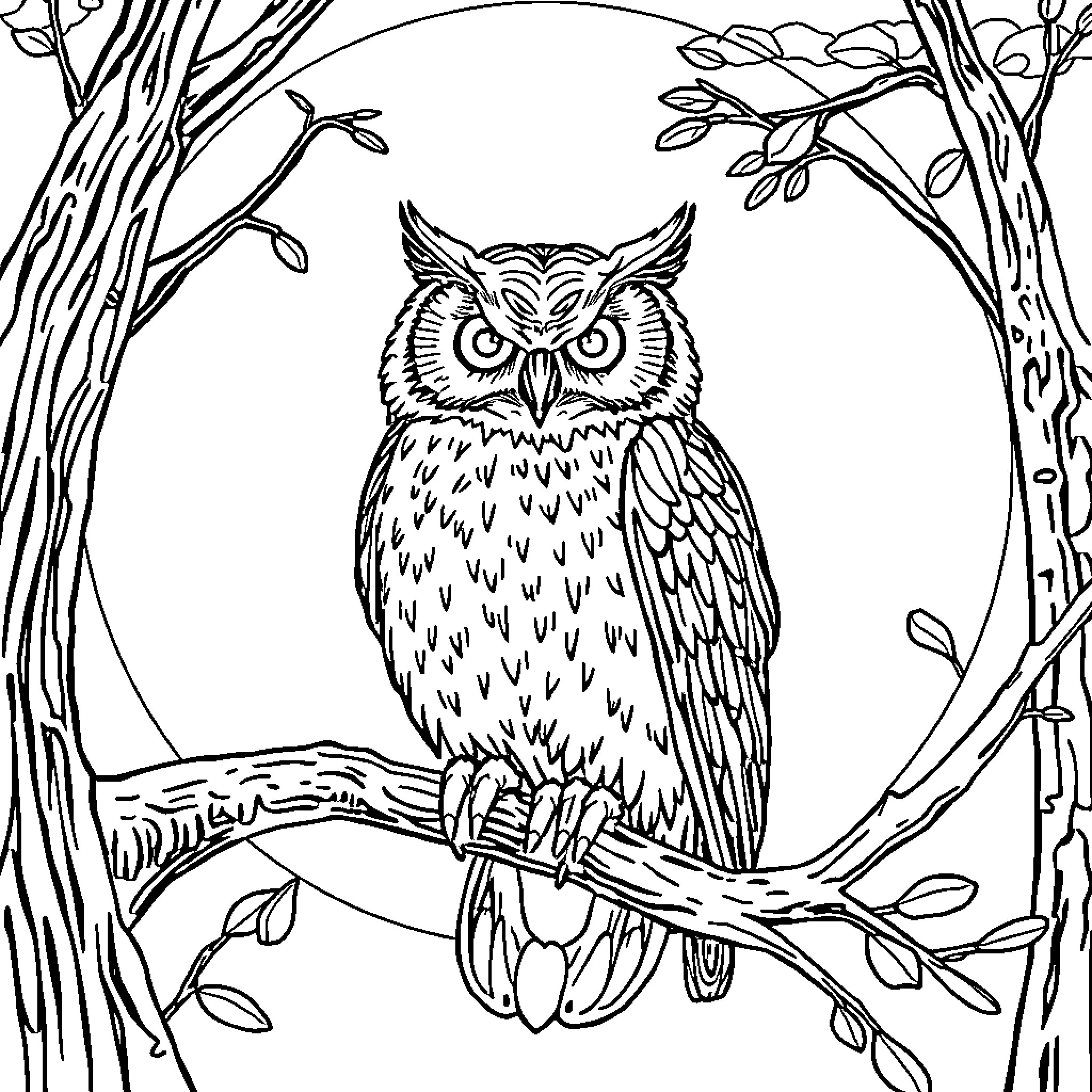 Owl perched on a branch in the forest Coloring Page (free black-and-white line drawing printable PDF for all, from beginners to advanced learners, including children, teens, adults, and seniors)