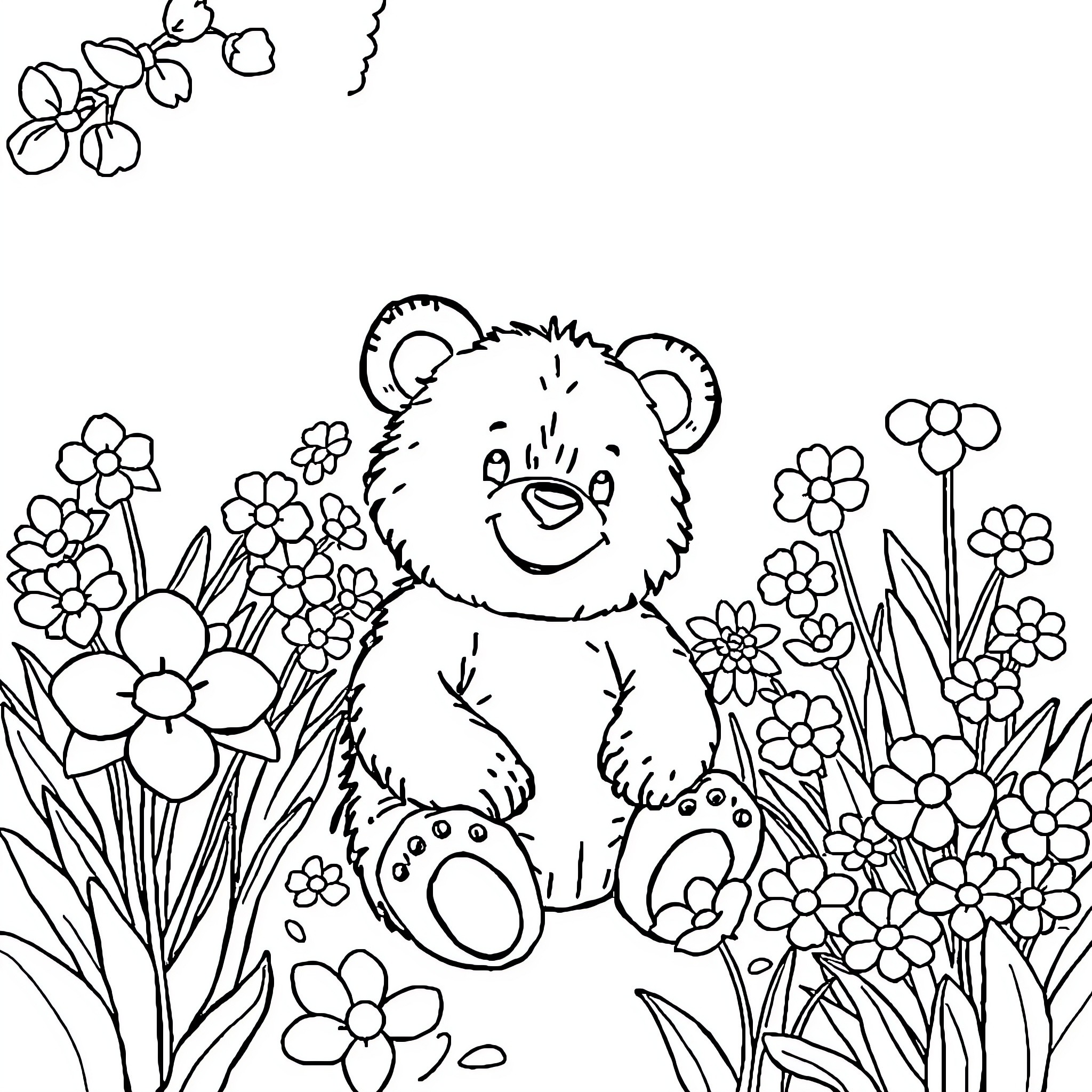 Little Brown Bear exploring the floral garden Coloring Page (free black-and-white line drawing printable PDF for all, from beginners to advanced learners, including children, teens, adults, and seniors)