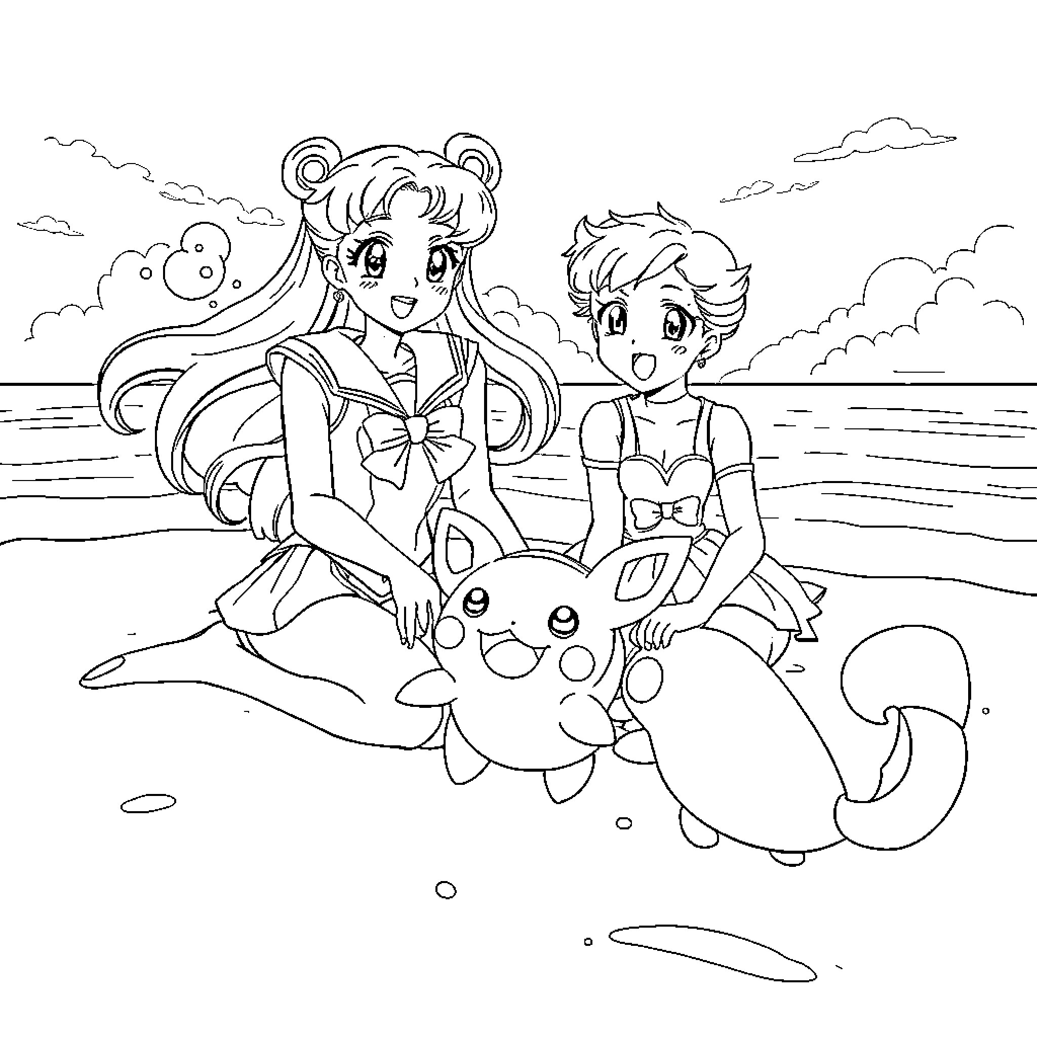 Sailor Jupiter and friends enjoy an aquatic adventure Coloring Page (free black-and-white line drawing printable PDF for all, from beginners to advanced learners, including children, teens, adults, and seniors)