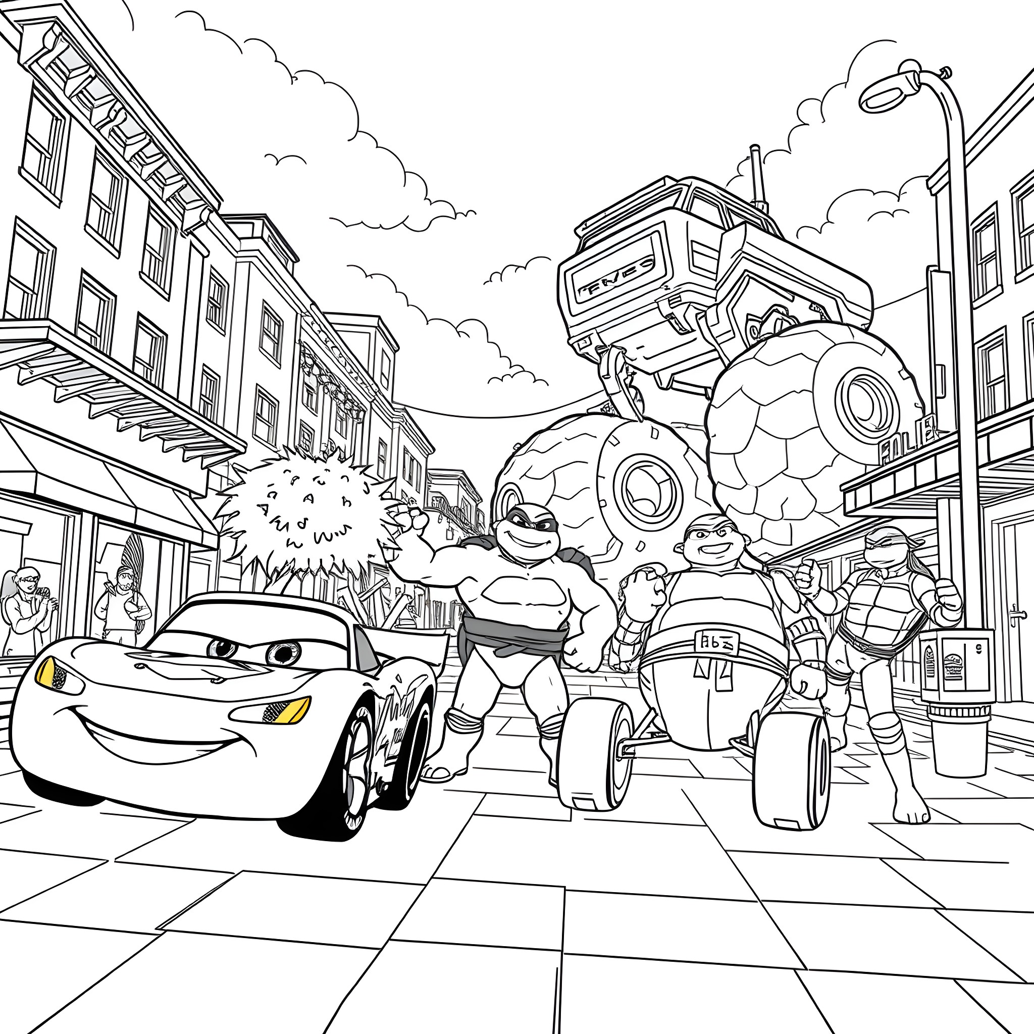 Character Adventures in the City Streets Coloring Page (free black-and-white line drawing printable PDF for all, from beginners to advanced learners, including children, teens, adults, and seniors)