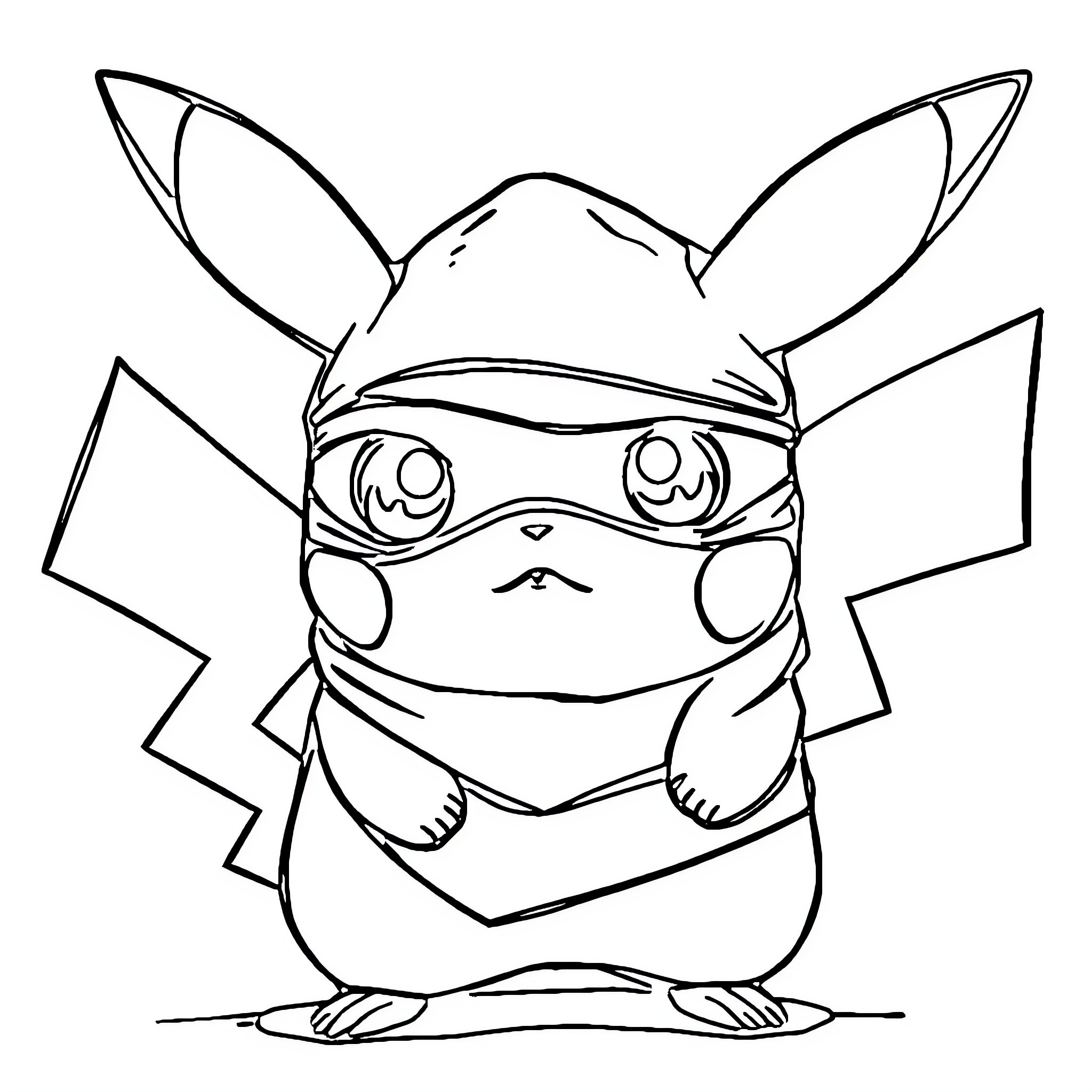 Pikachu wearing a mask and wielding ninja weapons Coloring Page (free black-and-white line drawing printable PDF for all, from beginners to advanced learners, including children, teens, adults, and seniors)