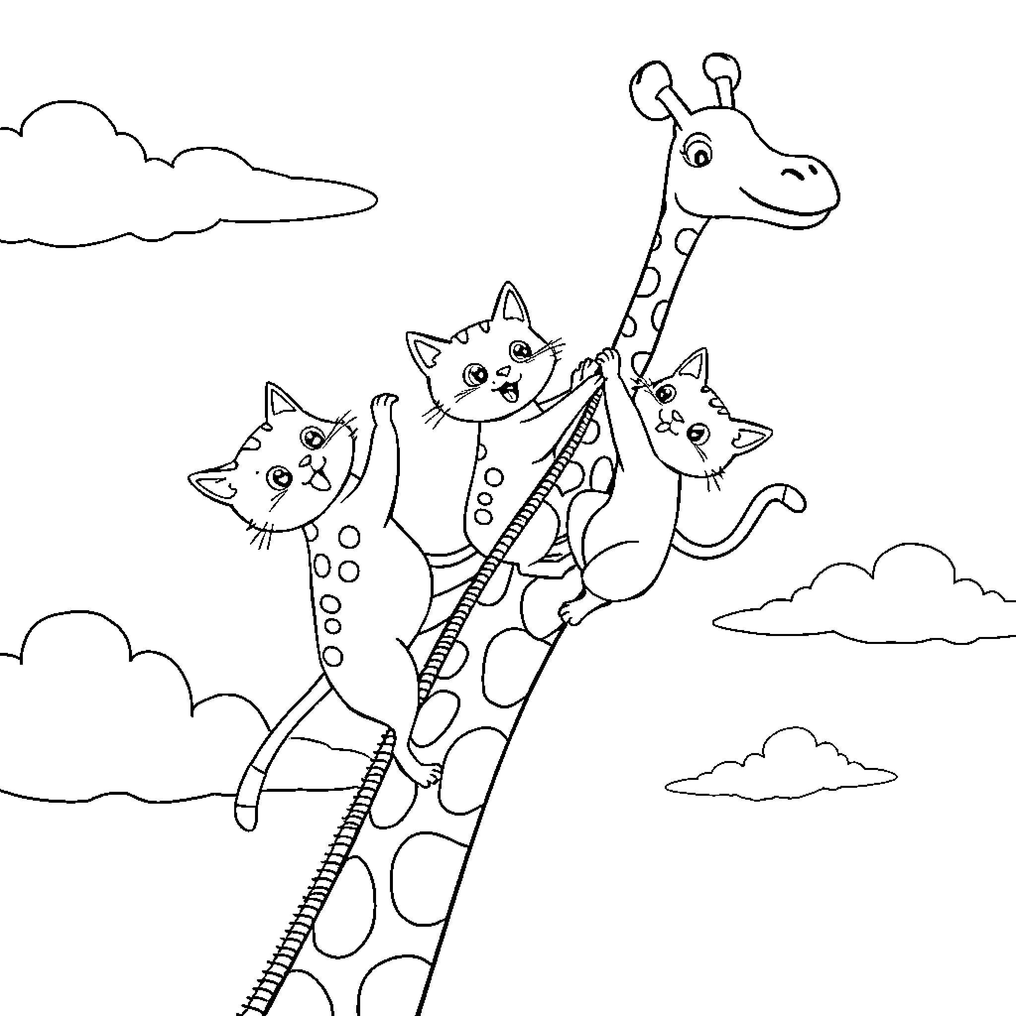 Cat, Giraffe, and Kittens in Whimsical Adventure Coloring Page (free black-and-white line drawing printable PDF for all, from beginners to advanced learners, including children, teens, adults, and seniors)