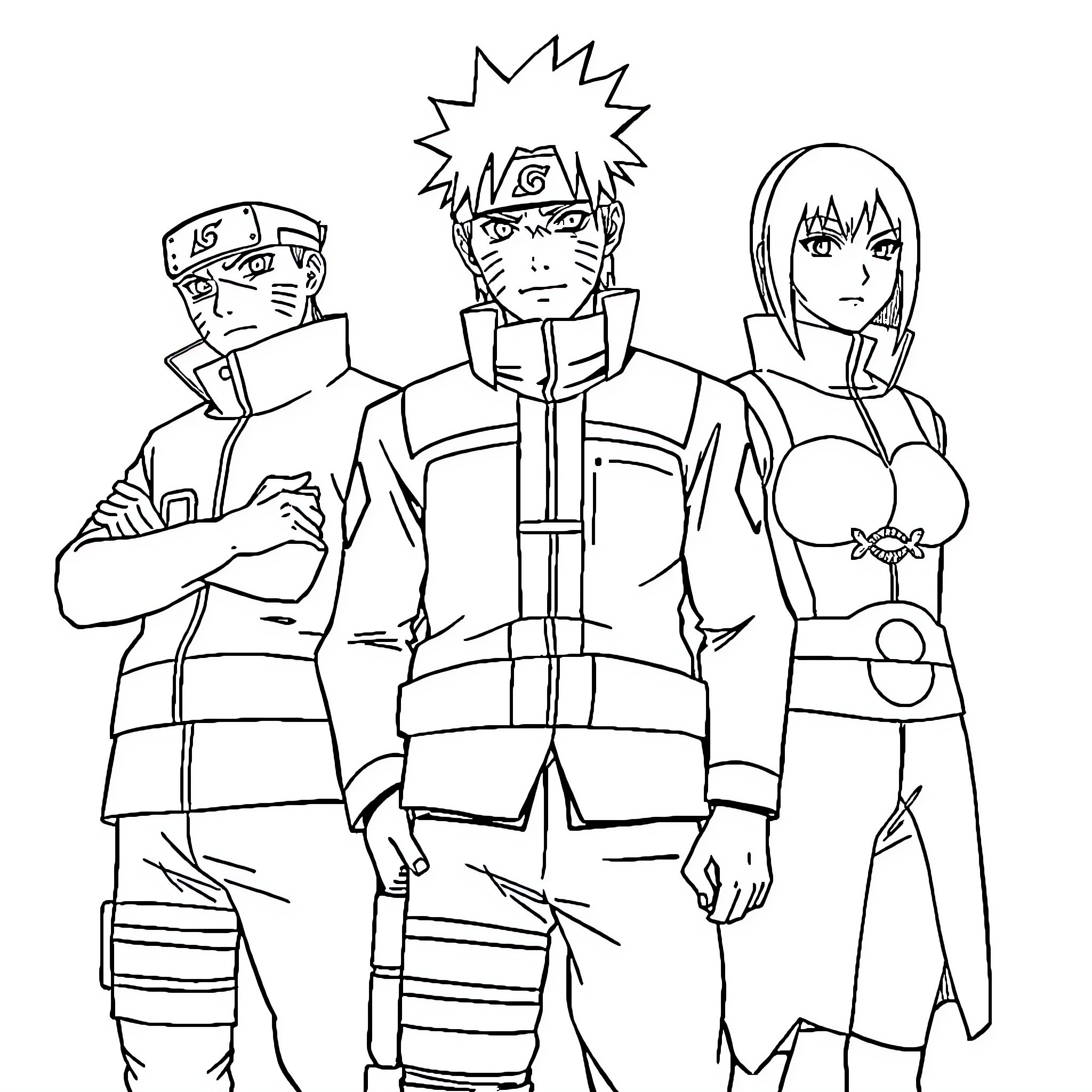 Naruto and Friends in Action Poses Coloring Page (free black-and-white line drawing printable PDF for all, from beginners to advanced learners, including children, teens, adults, and seniors)