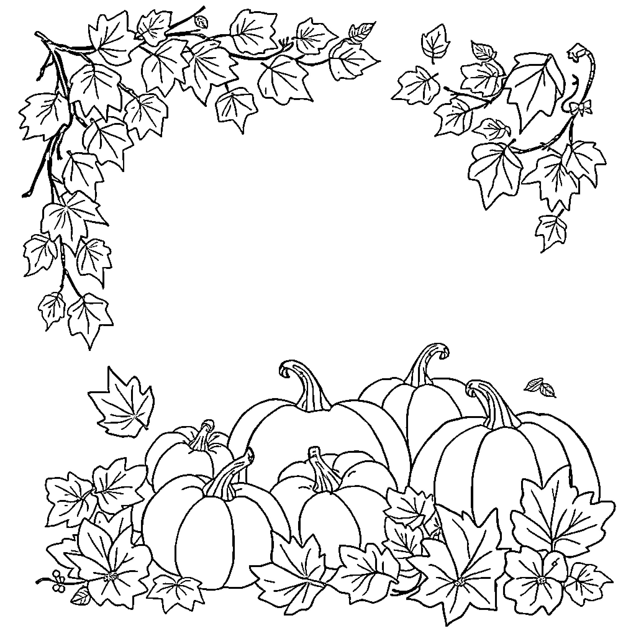 Autumn Leaves and Pumpkins Coloring Page (free black-and-white line drawing printable PDF for all, from beginners to advanced learners, including children, teens, adults, and seniors)
