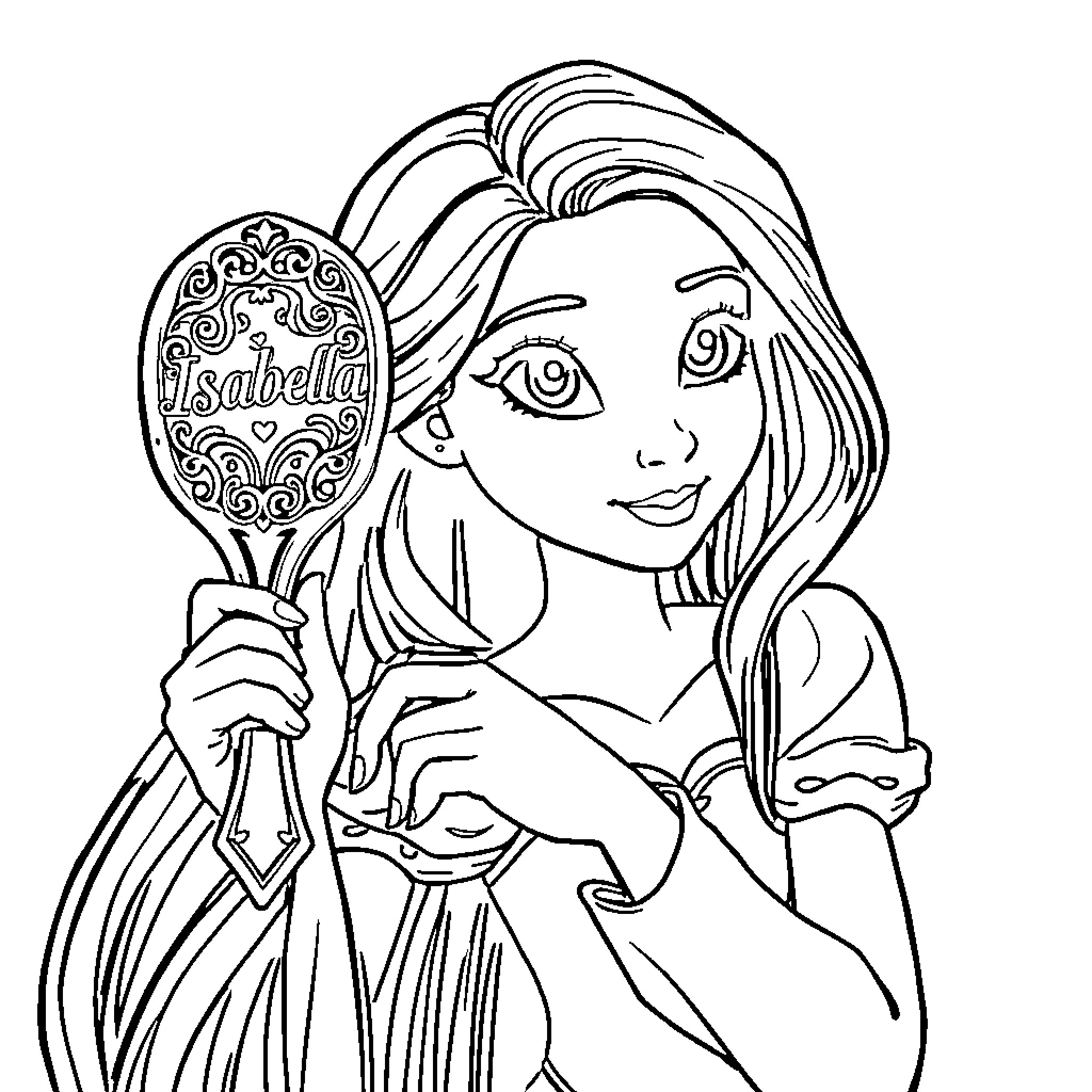 Rapunzel gazing at herself in the hand mirror Coloring Page (free black-and-white line drawing printable PDF for all, from beginners to advanced learners, including children, teens, adults, and seniors)