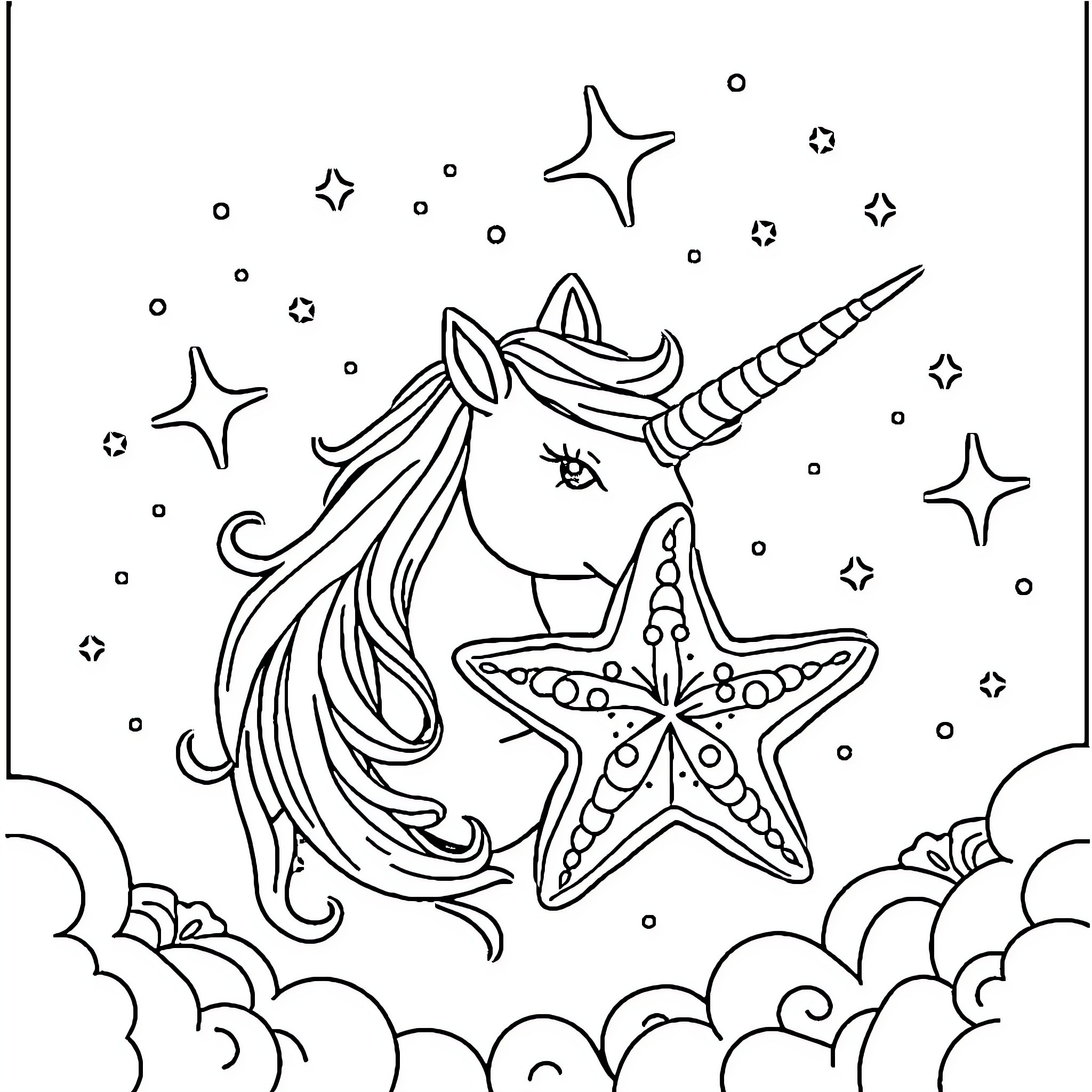 Unicorn dancing with starfish under the night sky Coloring Page (free black-and-white line drawing printable PDF for all, from beginners to advanced learners, including children, teens, adults, and seniors)