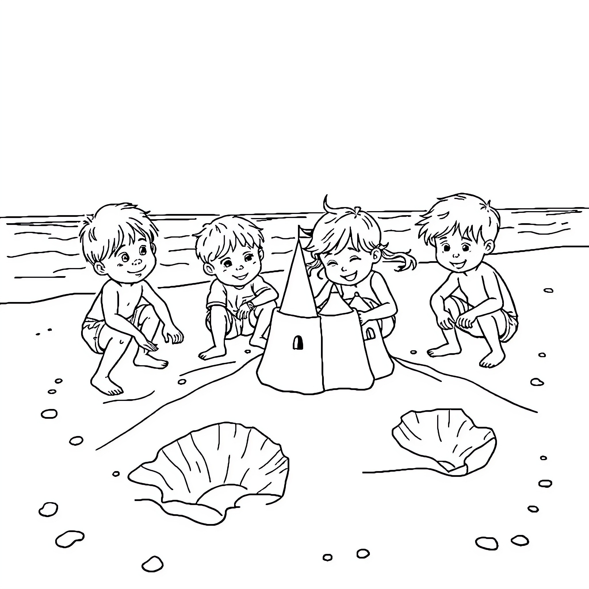 Kids playing happily on the beach Coloring Page (free black-and-white line drawing printable PDF for all, from beginners to advanced learners, including children, teens, adults, and seniors)