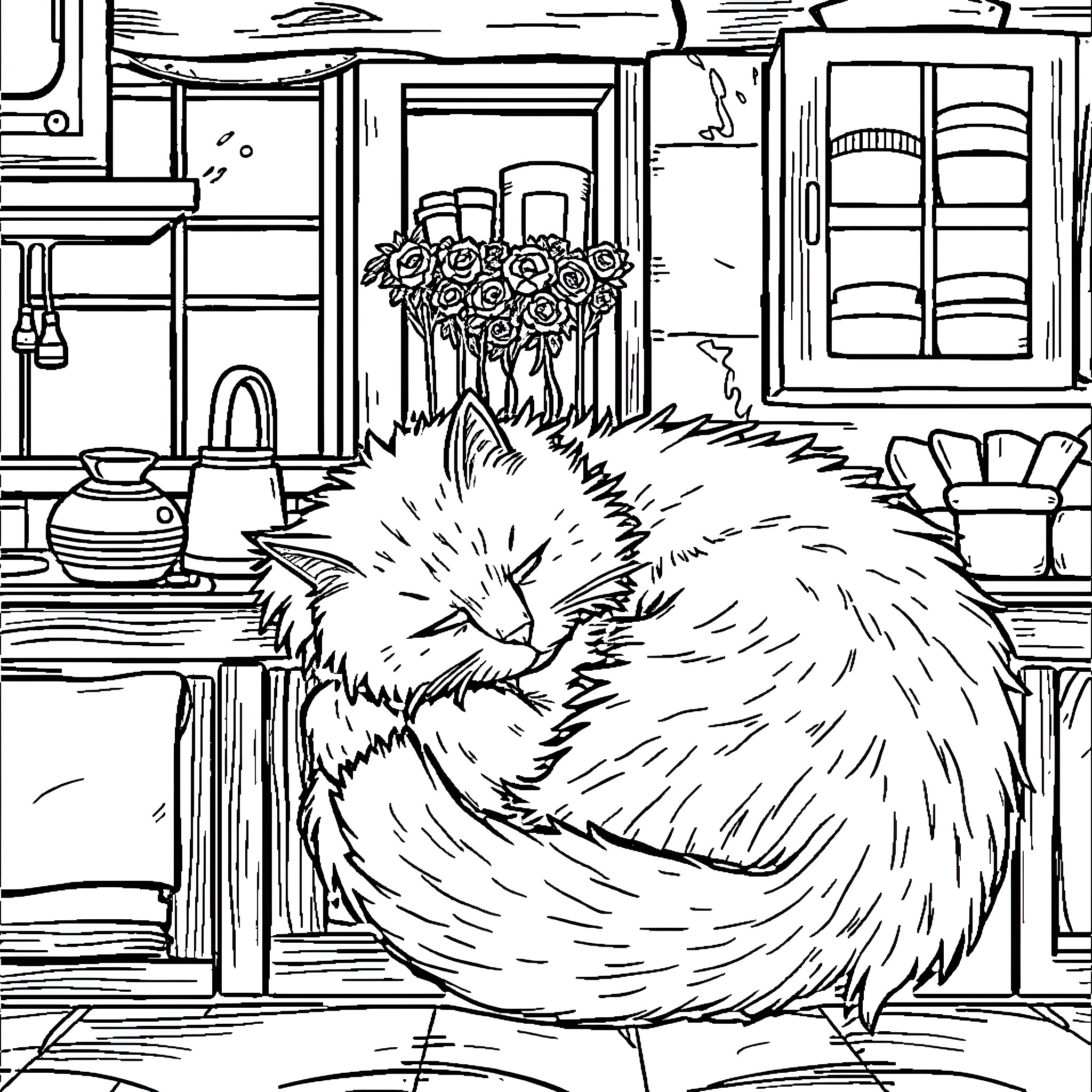 Cat curled up in cozy home Coloring Page (free black-and-white line drawing printable PDF for all, from beginners to advanced learners, including children, teens, adults, and seniors)