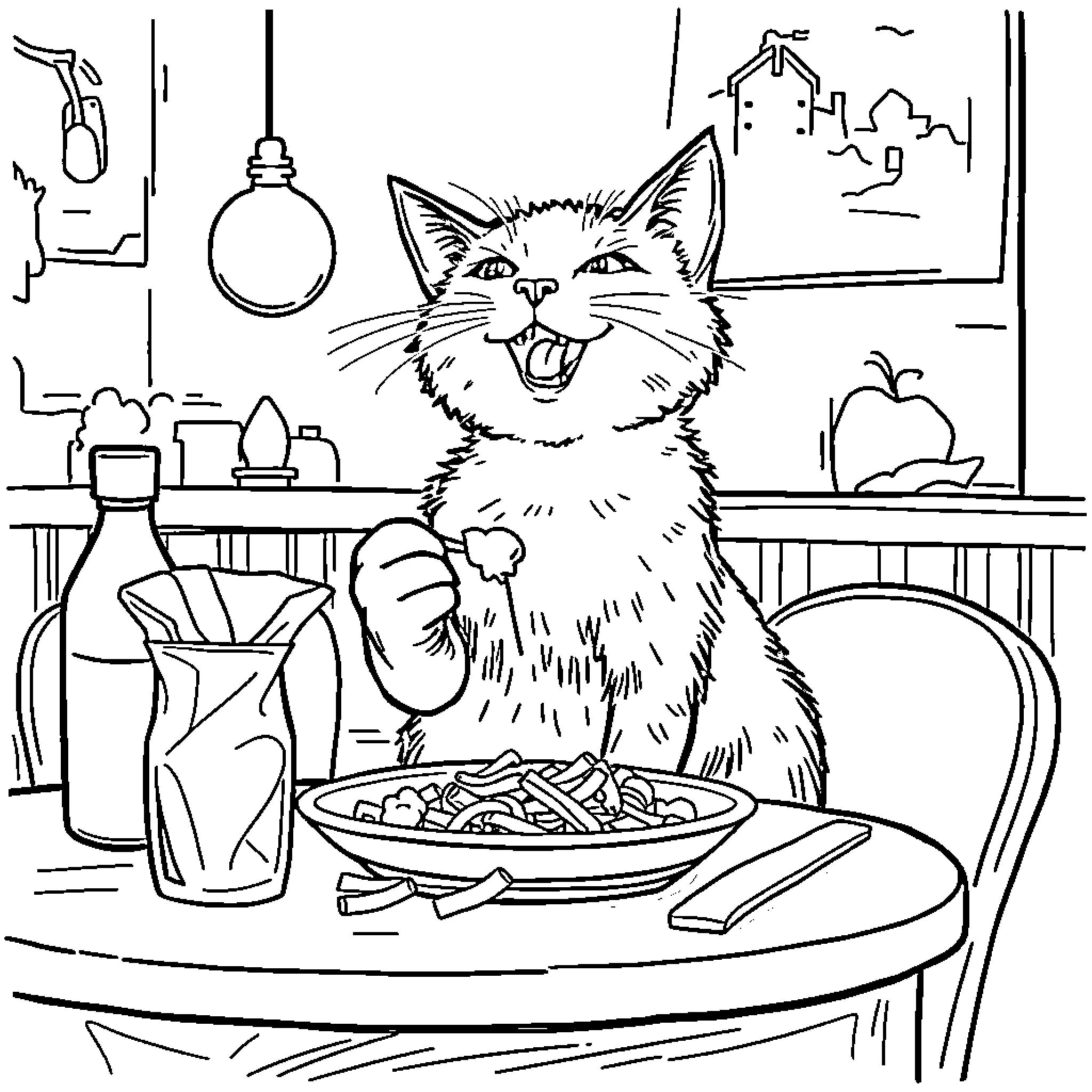 Cat enjoying a meal in the kitchen Coloring Page (free black-and-white line drawing printable PDF for all, from beginners to advanced learners, including children, teens, adults, and seniors)