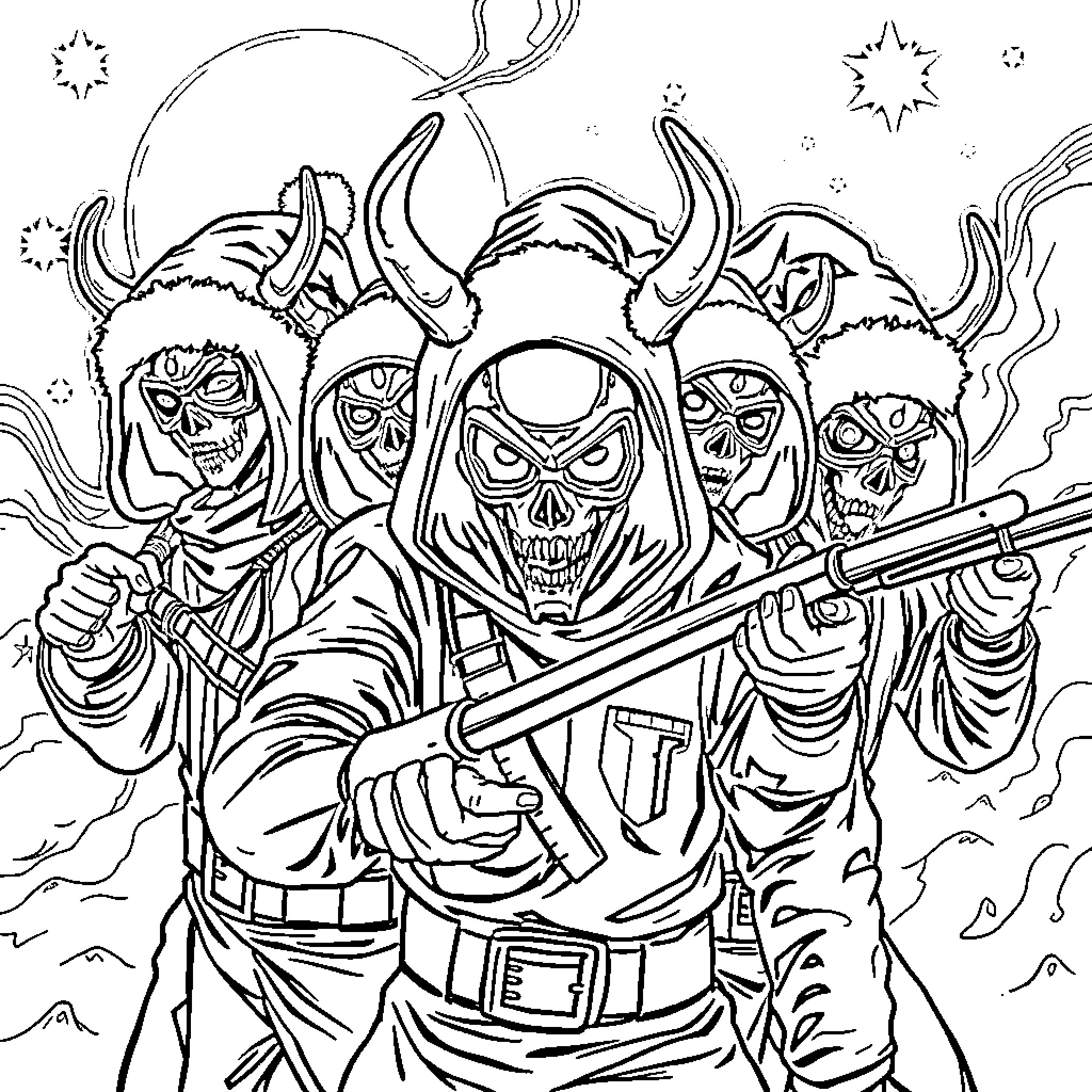 Demon Hunters in Fierce Battle Coloring Page (free black-and-white line drawing printable PDF for all, from beginners to advanced learners, including children, teens, adults, and seniors)