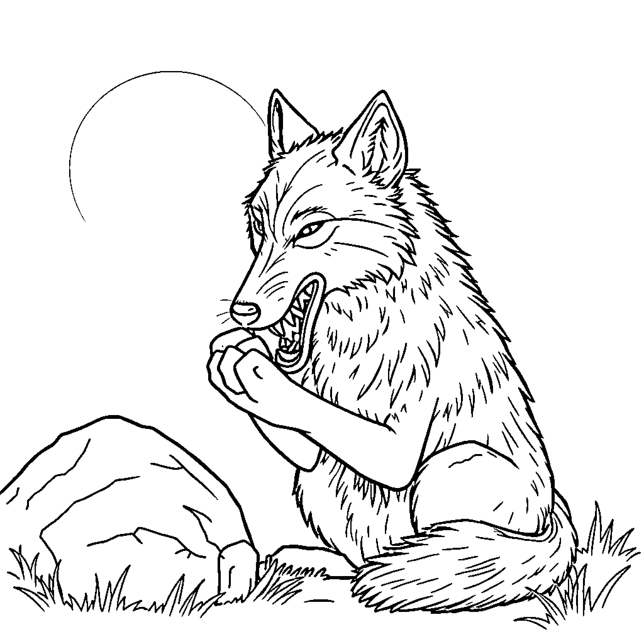 Wolf howling at the moon in the wilderness Coloring Page (free black-and-white line drawing printable PDF for all, from beginners to advanced learners, including children, teens, adults, and seniors)