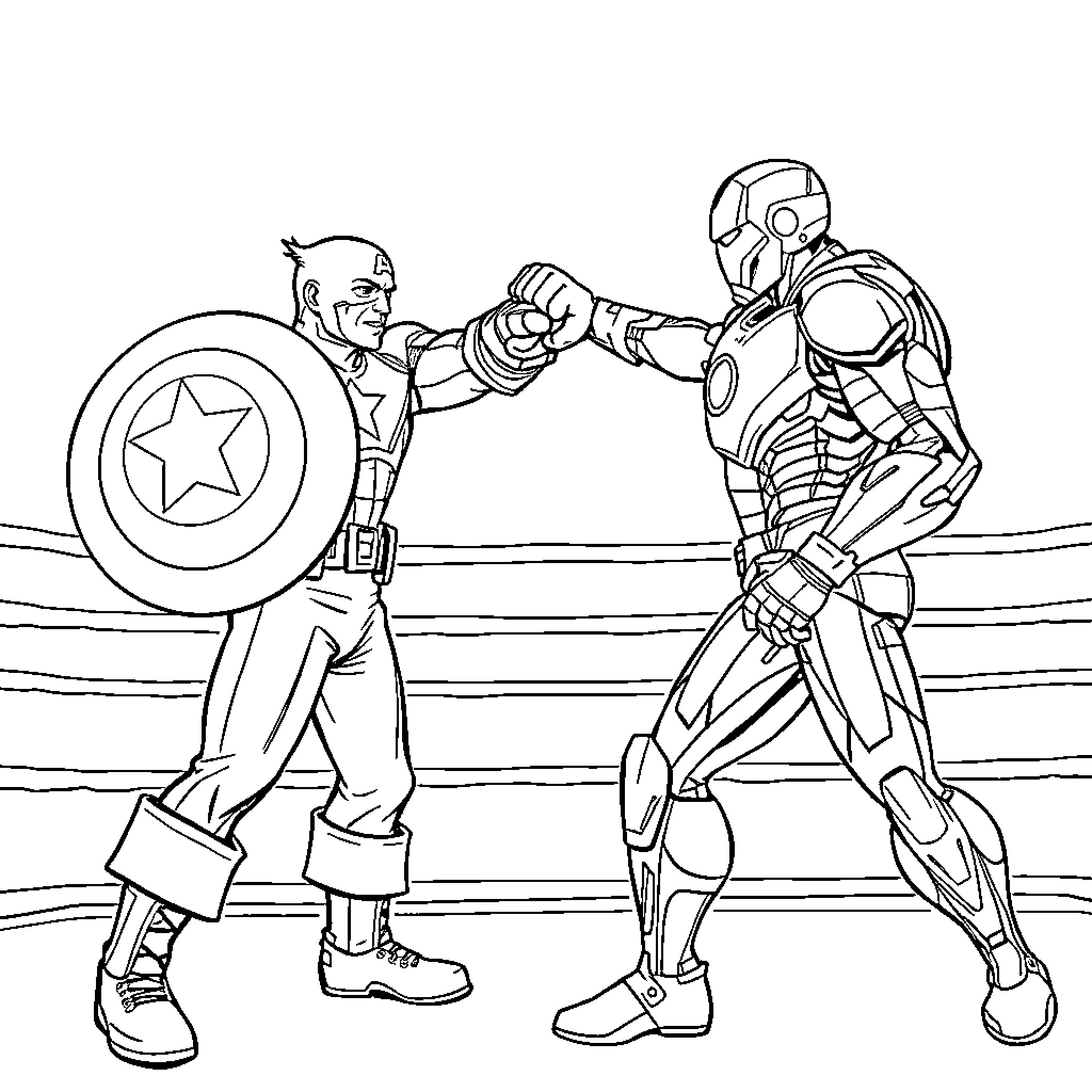 Captain America and Iron Man in fierce combat Coloring Page (free black-and-white line drawing printable PDF for all, from beginners to advanced learners, including children, teens, adults, and seniors)